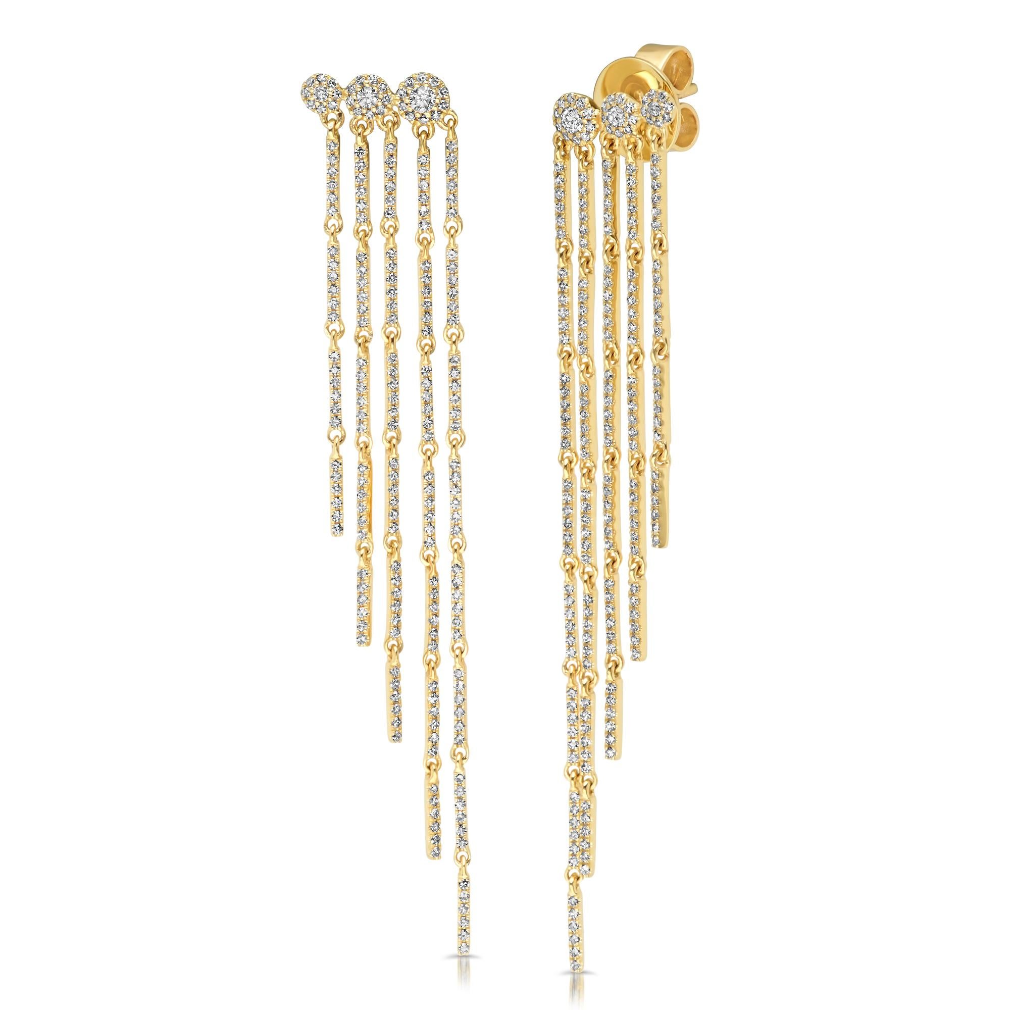 Never worn Yellow gold drop dangle chandelier earrings. 
Climber pave dangle wow what a stunner!
Diamonds: 1.18cts
Drop length: 65mm
Closure: Push backs
Comes with a presentable gift box. 