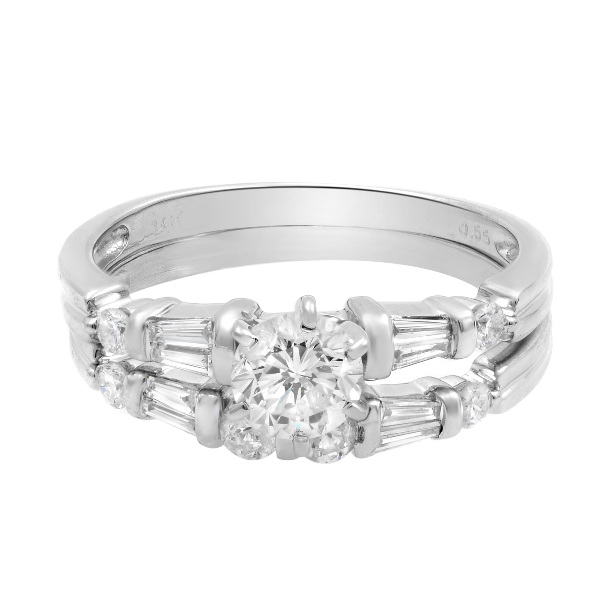 This beautiful bridal ring set is a combination of an engagement ring and a matching wedding band. Simple and chic, this bridal set is a beautiful reminder of your timeless love. Set in high polished 14k white gold, the classic engagement ring is