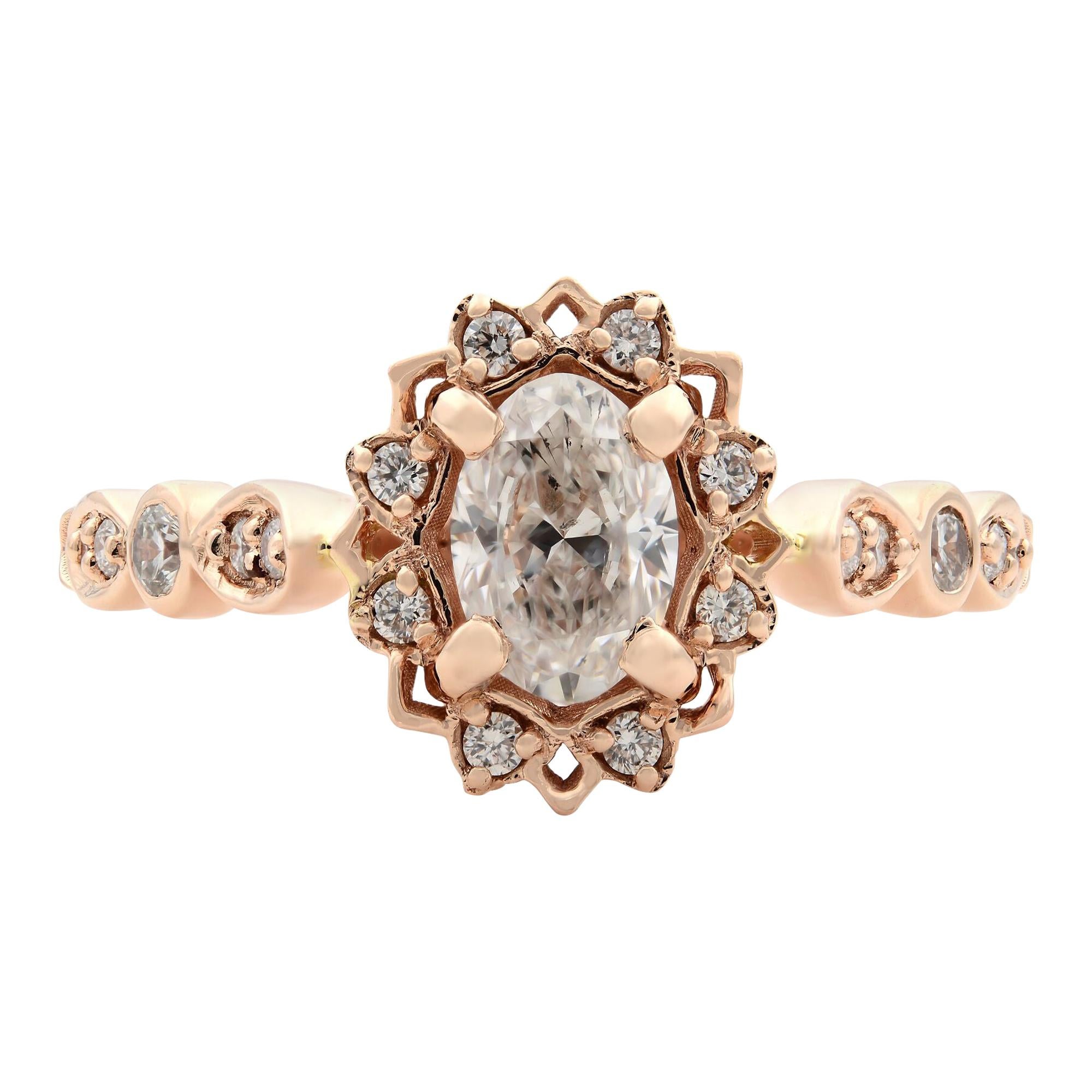 Rachel Koen Bague de fiançailles en or rose 14 carats avec halo de diamants ovales 0,75 carat en vente