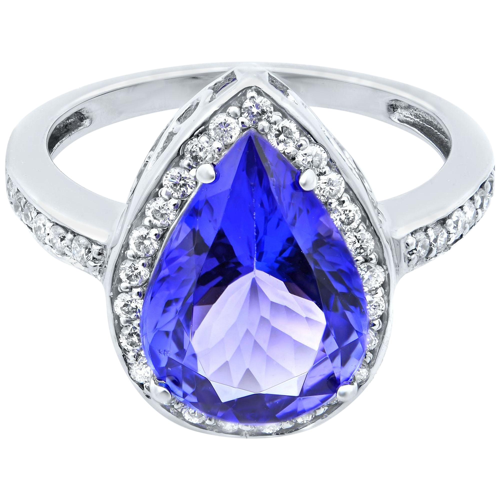 Rachel Koen 14 Karat White Gold Pear Shaped Tanzanite and Diamonds Ring