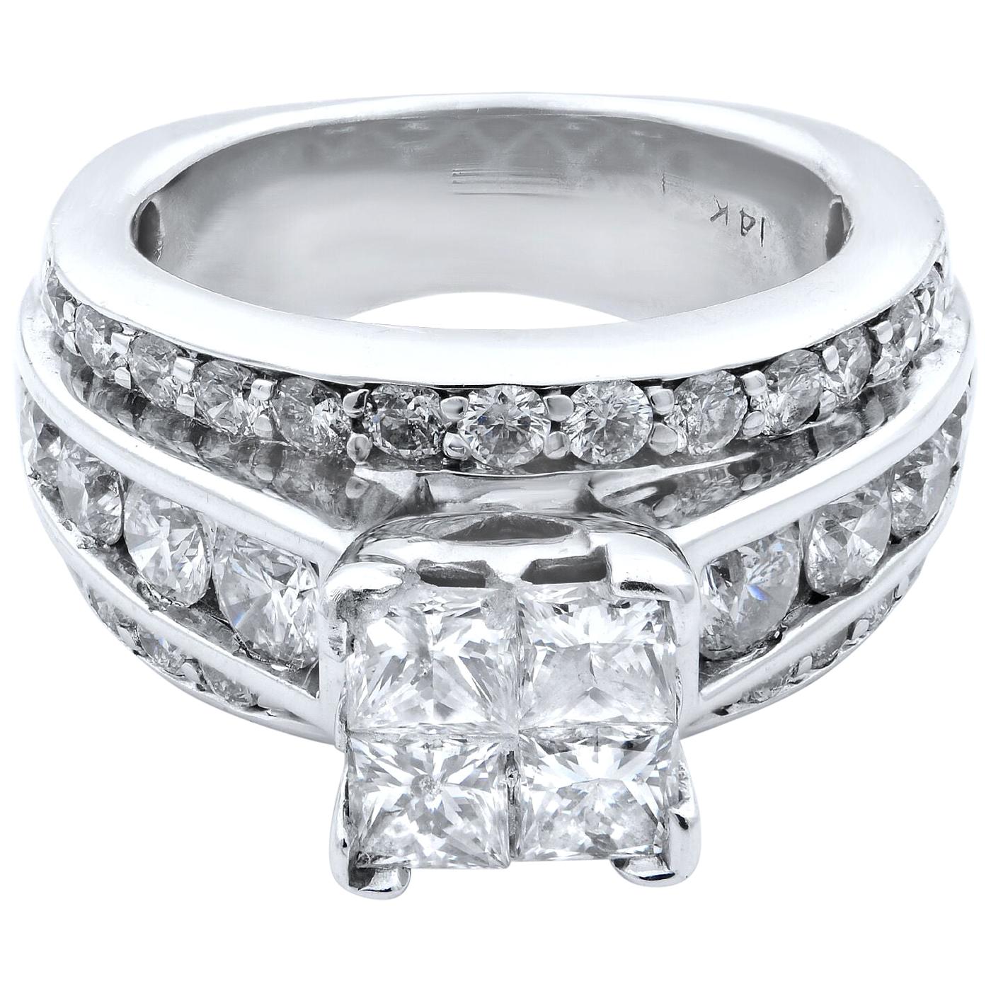 Rachel Koen 14 Karat White Gold Princess Head Wide Engagement Ring 3.00 Carat For Sale