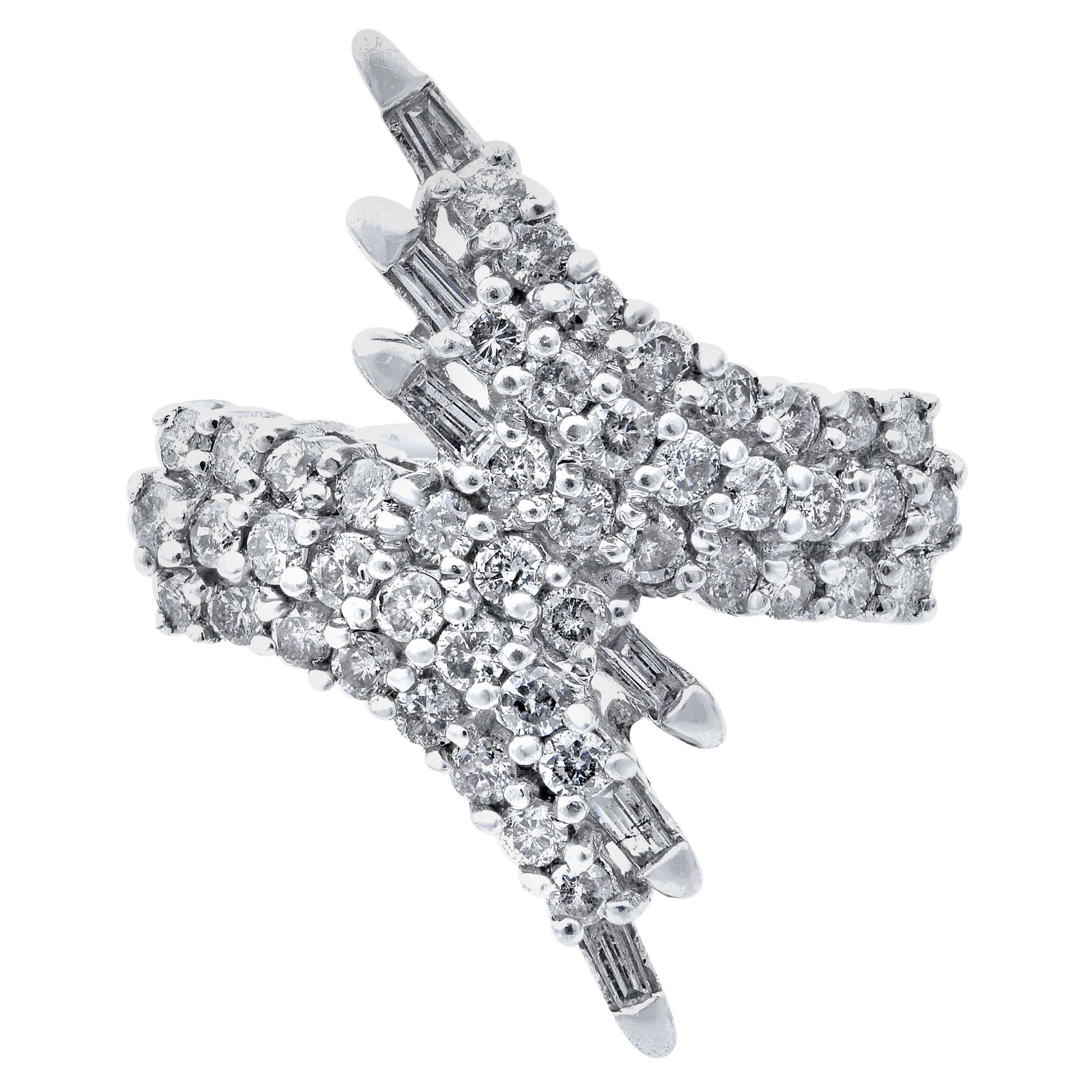 Rachel Koen Round & Baguette Cut Diamond Ring 14K White Gold 1.50Cttw Size 7