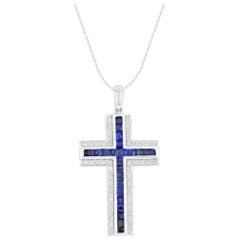 Rachel Koen 14 Karat White Gold Sapphire and Diamond Cross Pendant