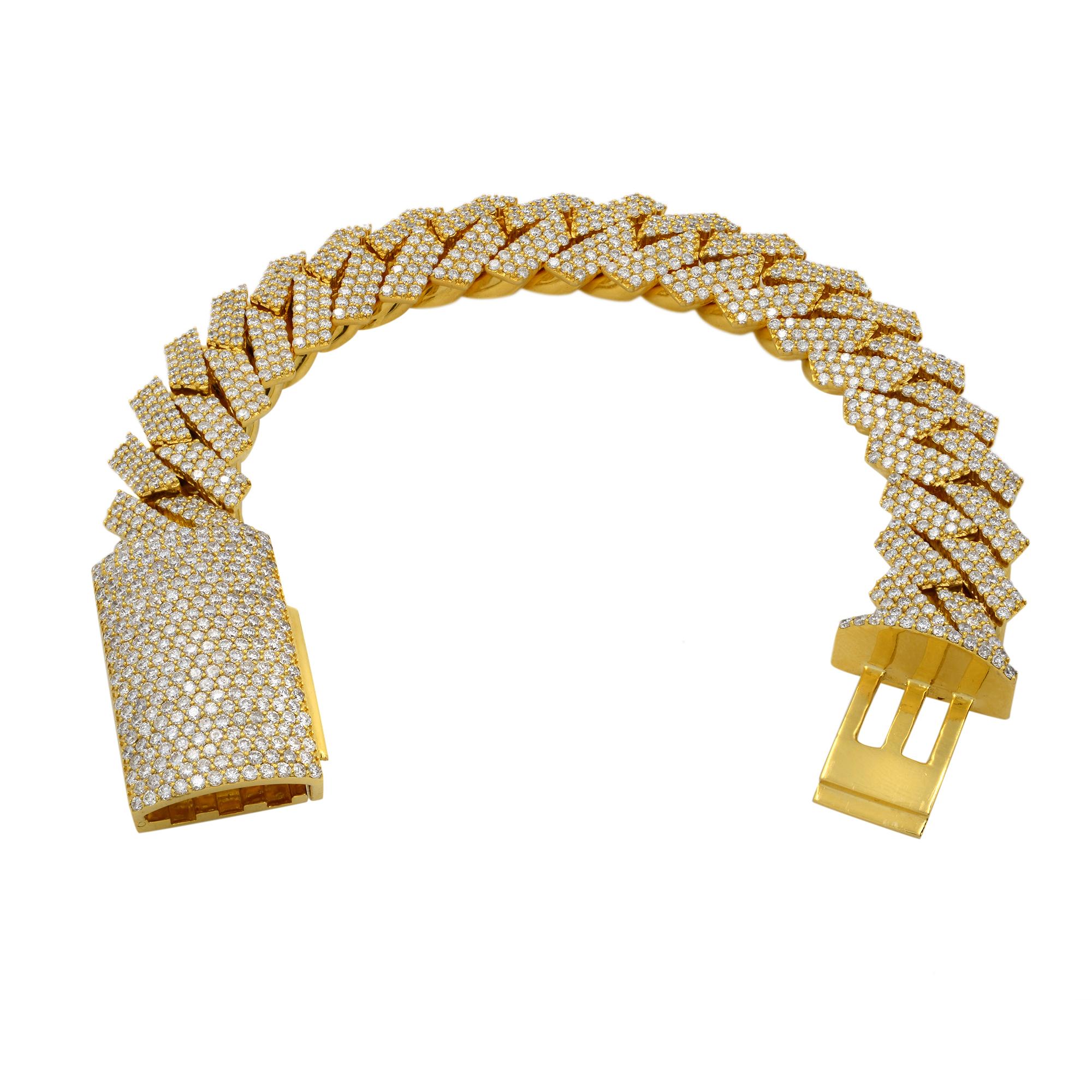 Round Cut Rachel Koen 14 Karat Yellow Gold Diamond Cuban Link Bracelet 16.50 Carat For Sale