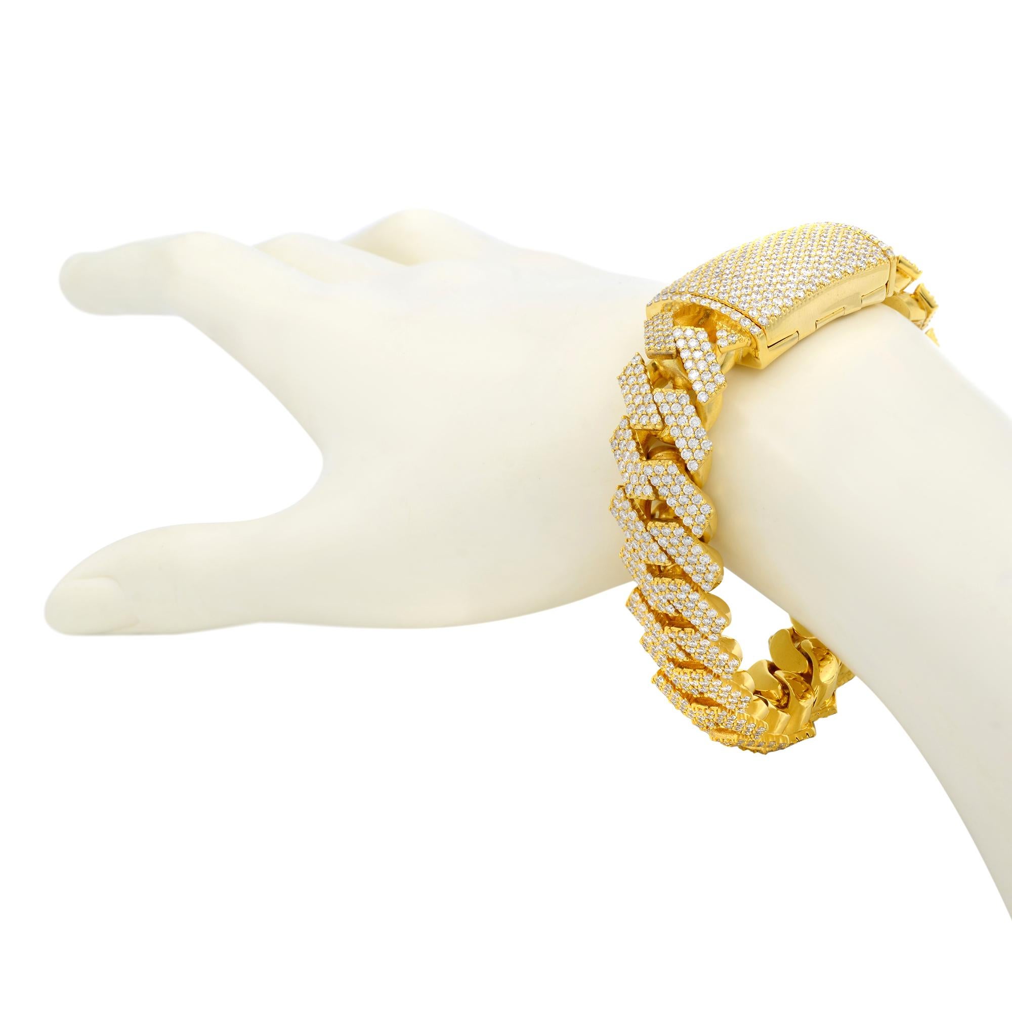 Rachel Koen 14 Karat Yellow Gold Diamond Cuban Link Bracelet 16.50 Carat In New Condition For Sale In New York, NY
