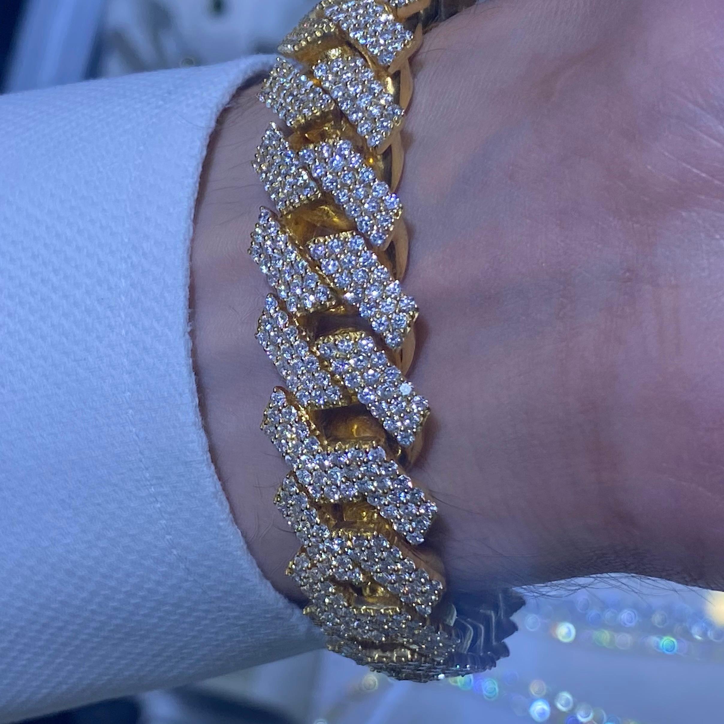 Women's or Men's Rachel Koen 14 Karat Yellow Gold Diamond Cuban Link Bracelet 16.50 Carat For Sale