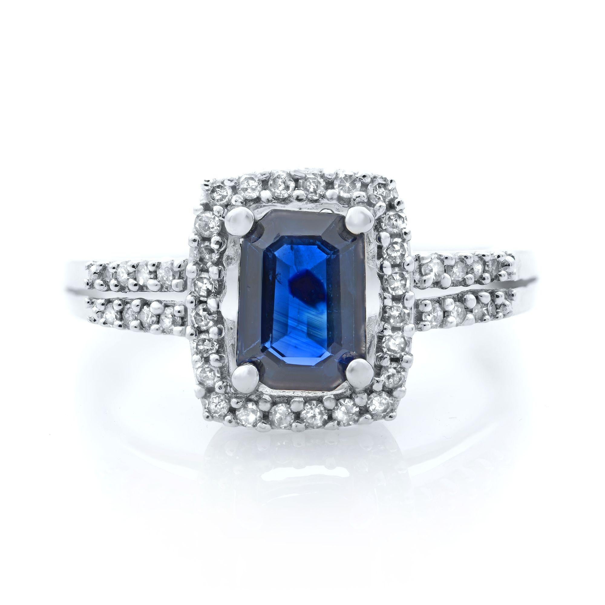 Emerald Cut Rachel Koen 14K White Gold Blue Sapphire W/ Diamonds Engagement Ring For Sale