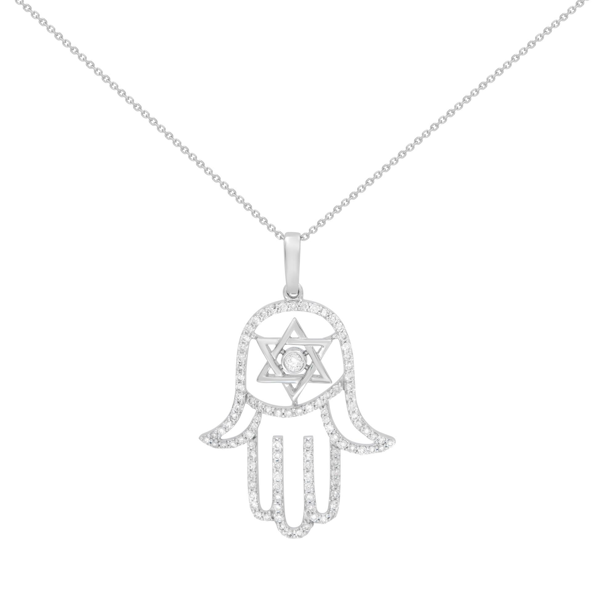 The Star of David sign and the Hamsa symbols are unified in this majestic pendant that features 0.65 brilliant round white diamonds in micro pave setting. Crafted in 14k white gold. Diamond color G-H and VS-SI clarity. Pendant size: 27x23mm. Chain