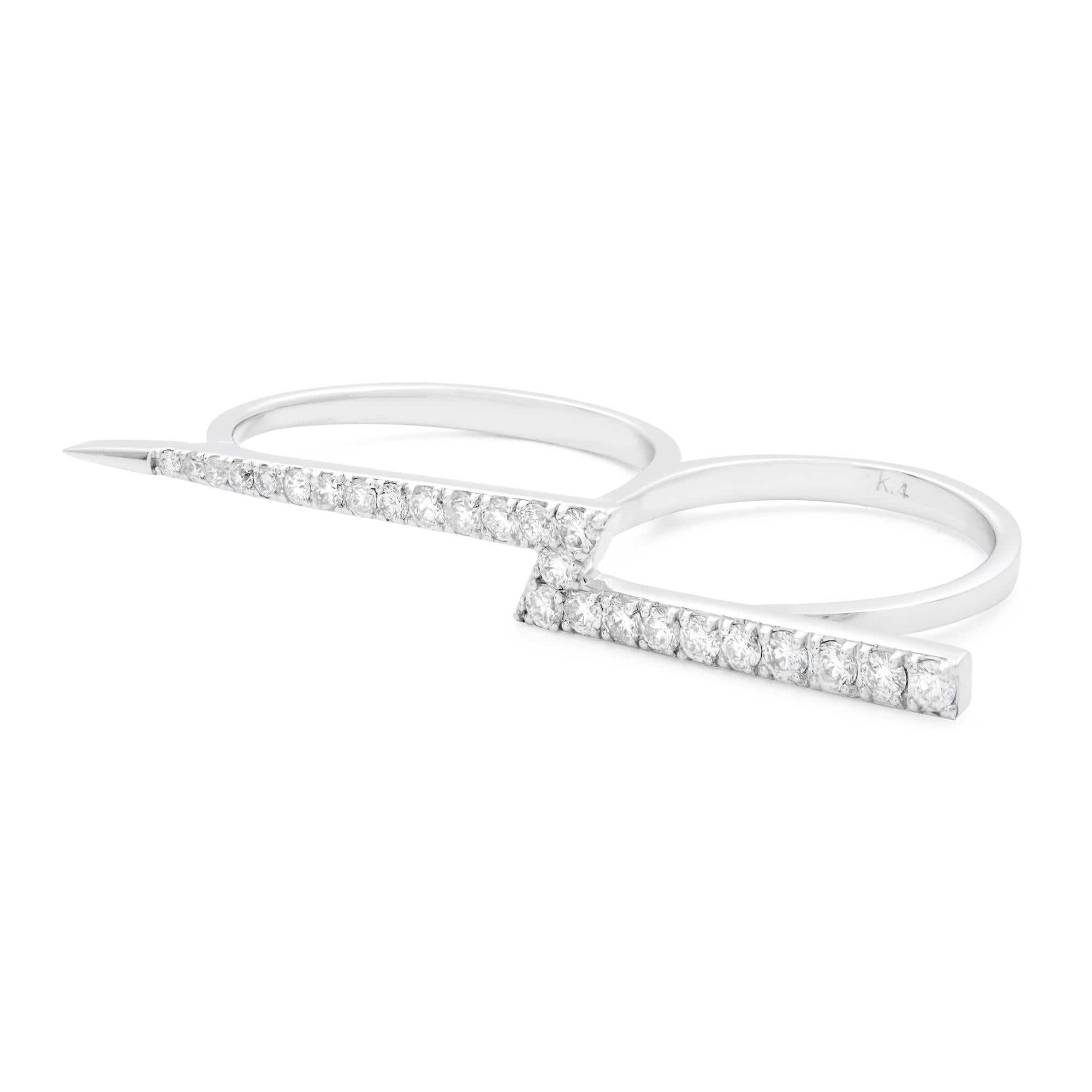 14k white gold trendy two finger ladies ring. Crafted in 14k white gold. Total diamond carat weight: 0.54. Diamond color G and SI-VS clarity.  Finger size 4 and 7. Comes with a presentable gift box. 