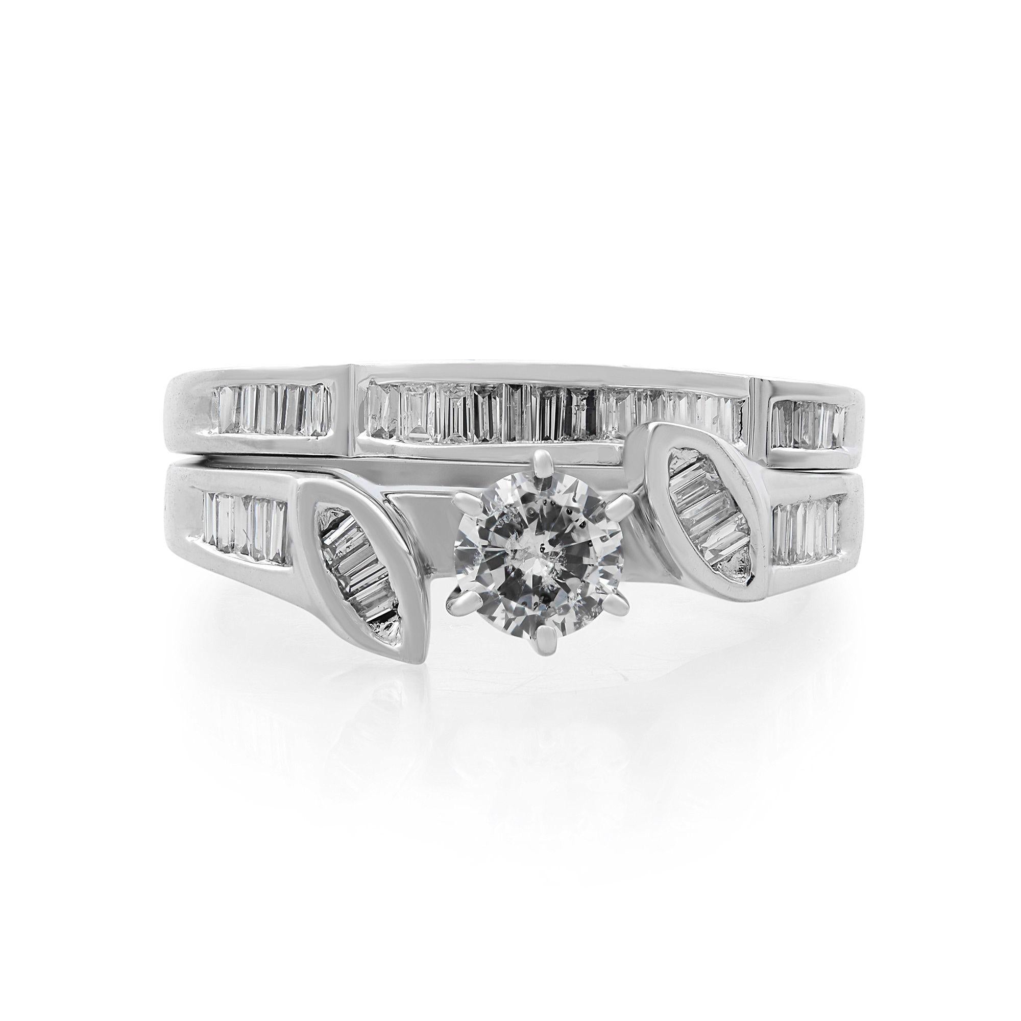 This unique bridal set ring is set with a 0.25 carat, round shaped center stone, with some tiny channel set baguettes. Total carat weigh is 0.75 carat. Diamond color G and SI1 clarity. Ring size 7.25.