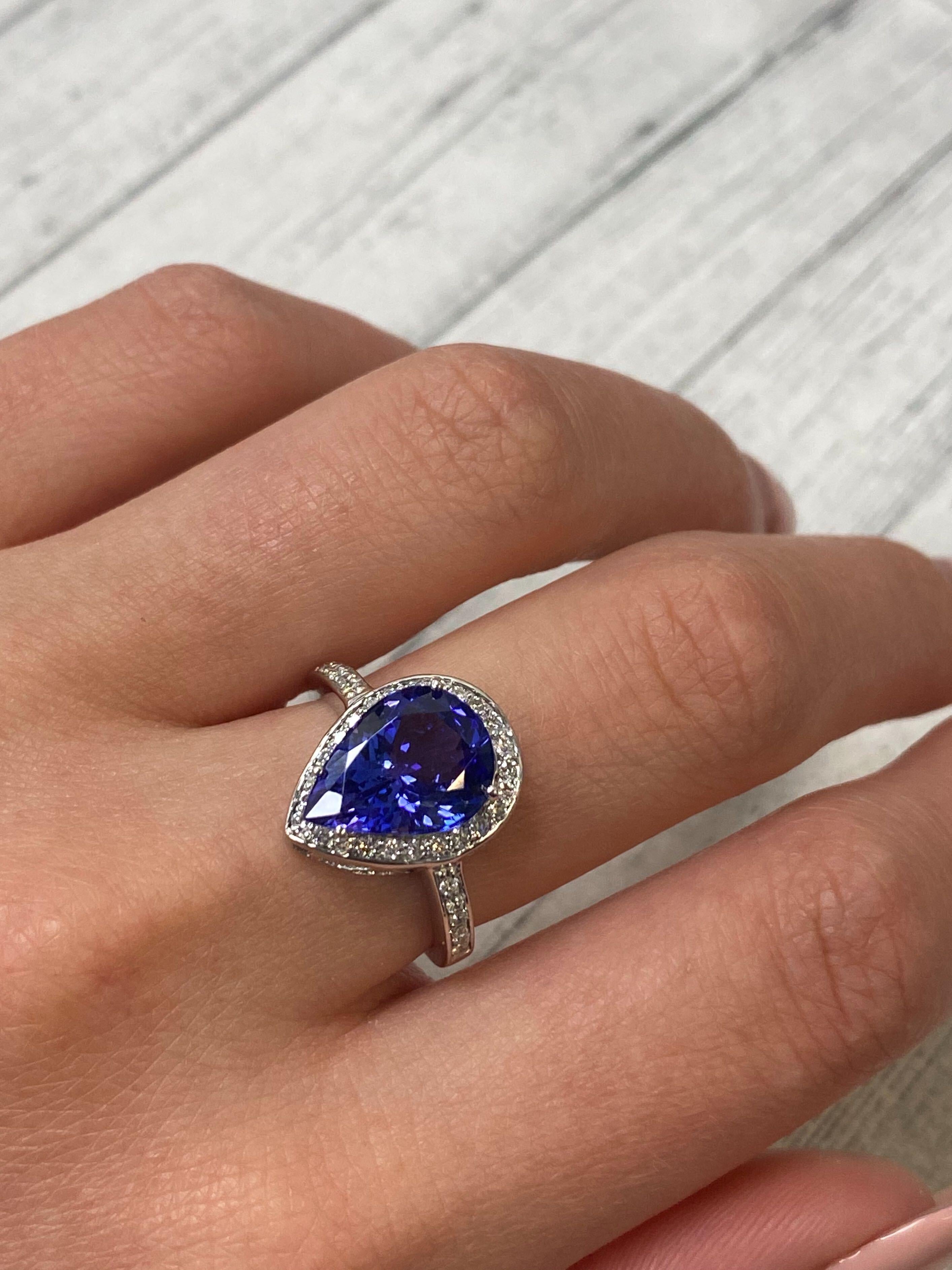 Pear Cut Rachel Koen 14 Karat White Gold Pear Shaped Tanzanite and Diamonds Ring