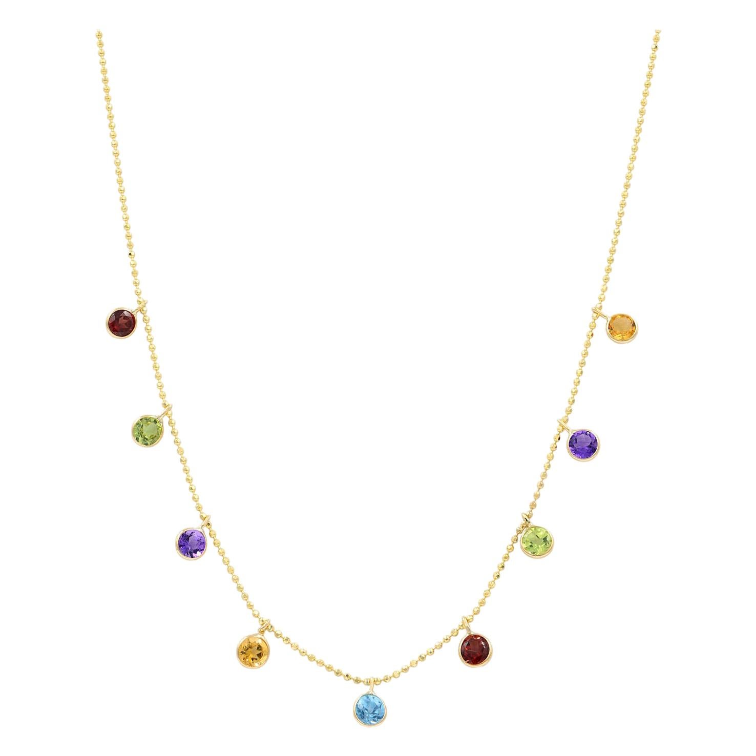 14K Yellow Gold Multi-Color Gemstone Necklace 18 Inches
