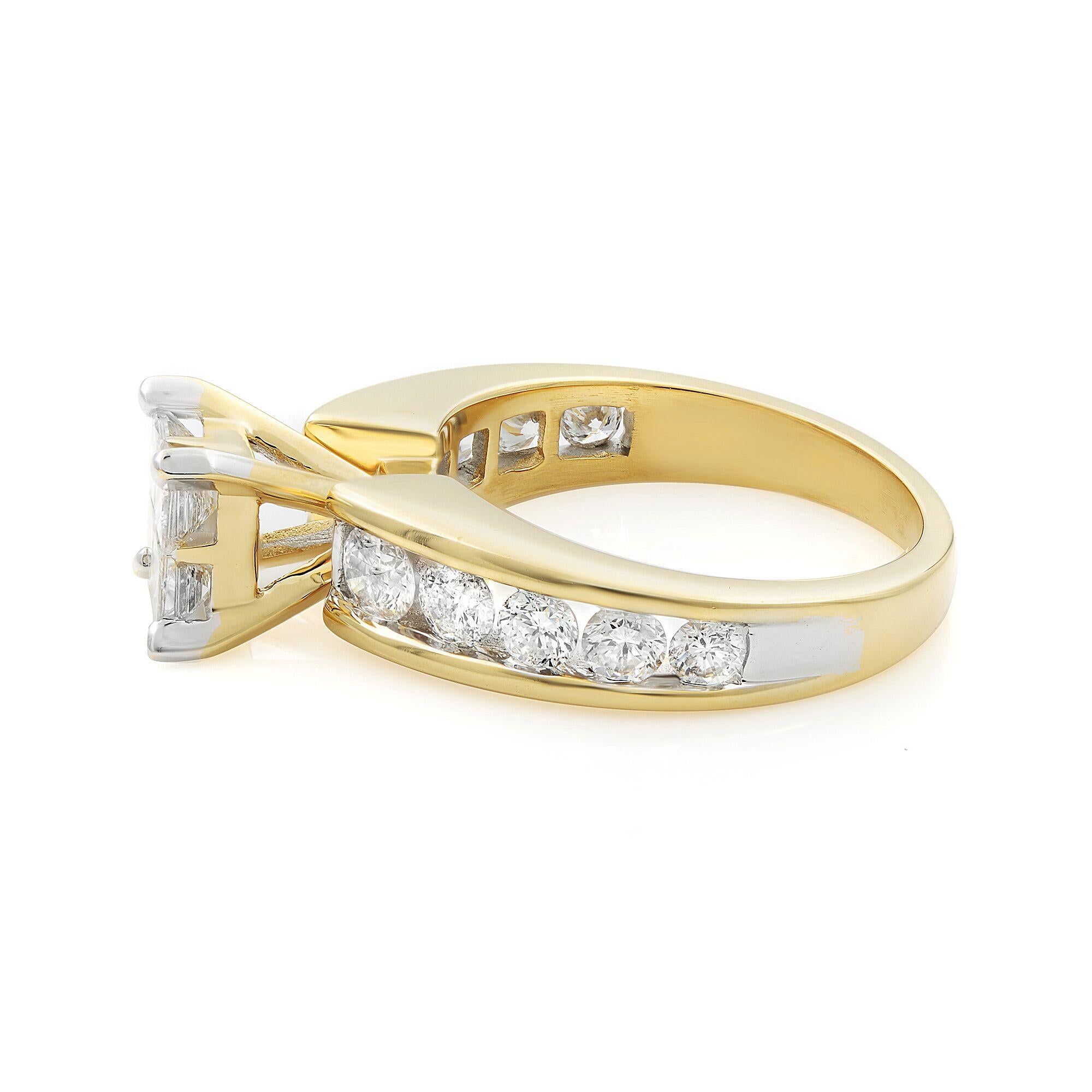 14K yellow gold engagement ring, features 4 princess-cut diamonds at a center, flanked by a round cut channel set diamonds on each side of the shank. Diamond are totaling in 2.00 carat with a VS2 clarity and G-J color. Ring size 7.