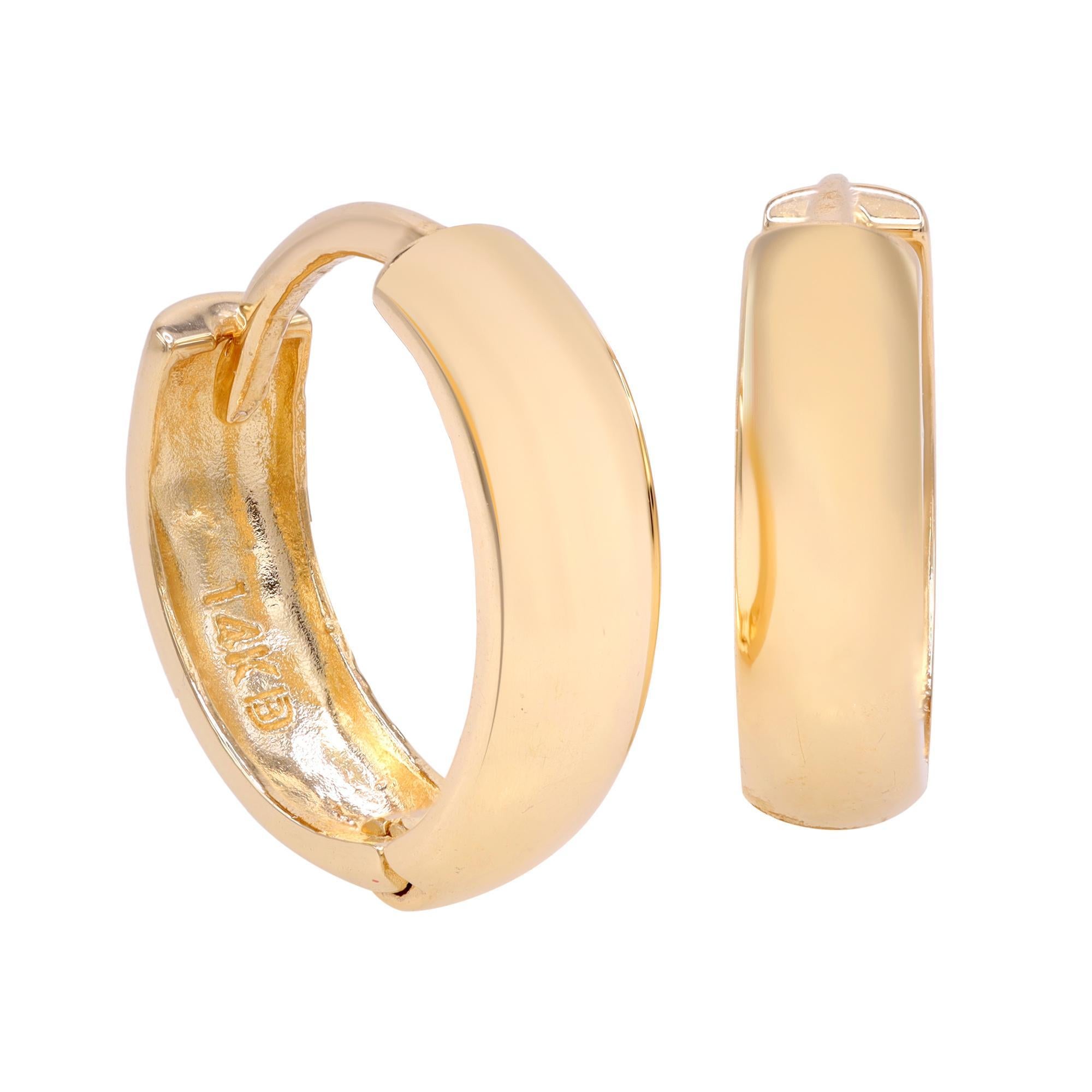 Simple, elegant and yet classic, 14k yellow gold hinged huggie small hoop earrings. These earrings will stay on your ears for as long as you need them to. A hinged body design means they are easy to put on and take off. Length 12mm, width 3.00mm.