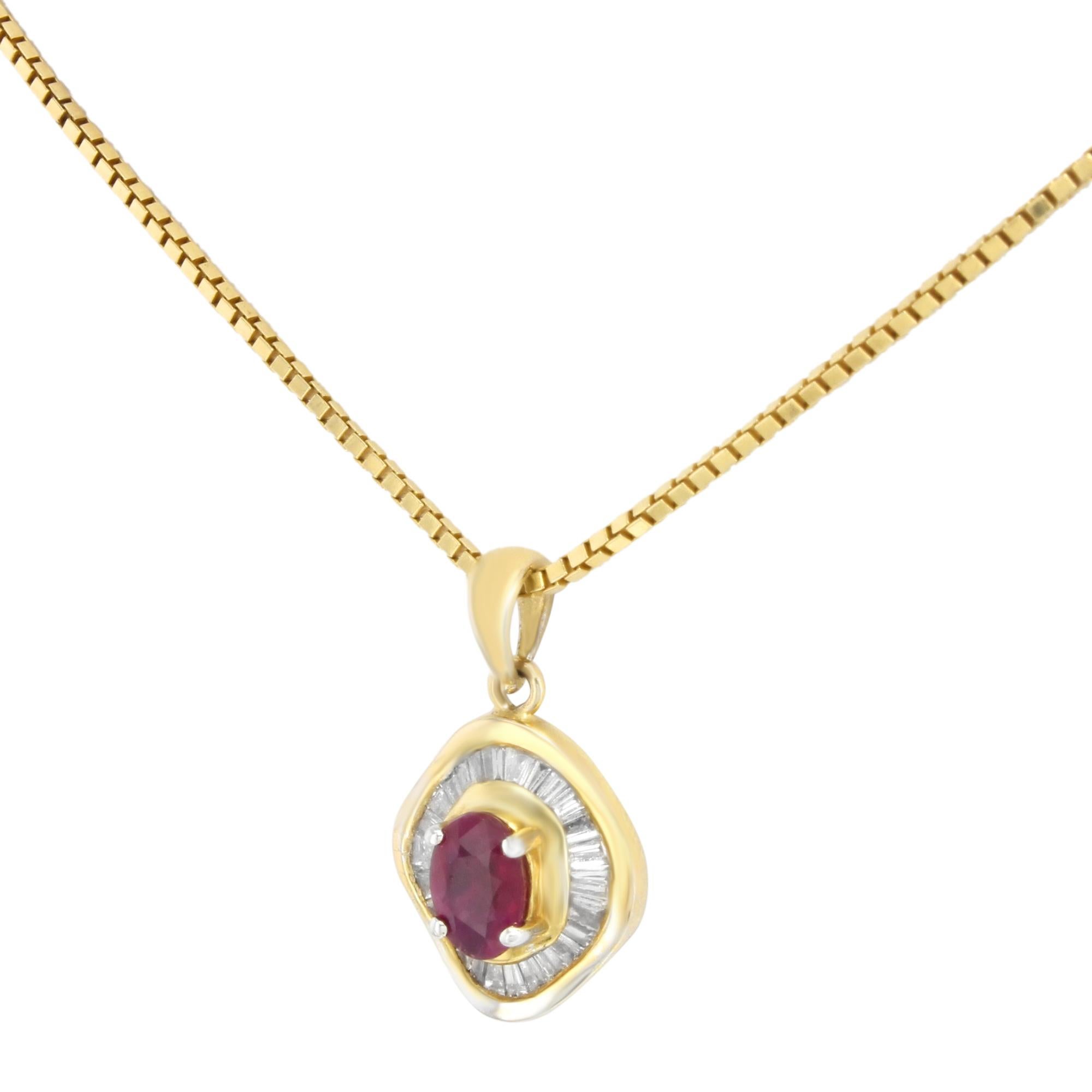 This beautiful jewelry set includes ring, necklace and earrings crafted in 14K yellow gold with appx. 1.75 cttw rubies and 0.50 cttw diamonds. The ring has 6.5 x 5mm ruby as a center stone and 0.15 cttw round and baguette cut diamonds as accent
