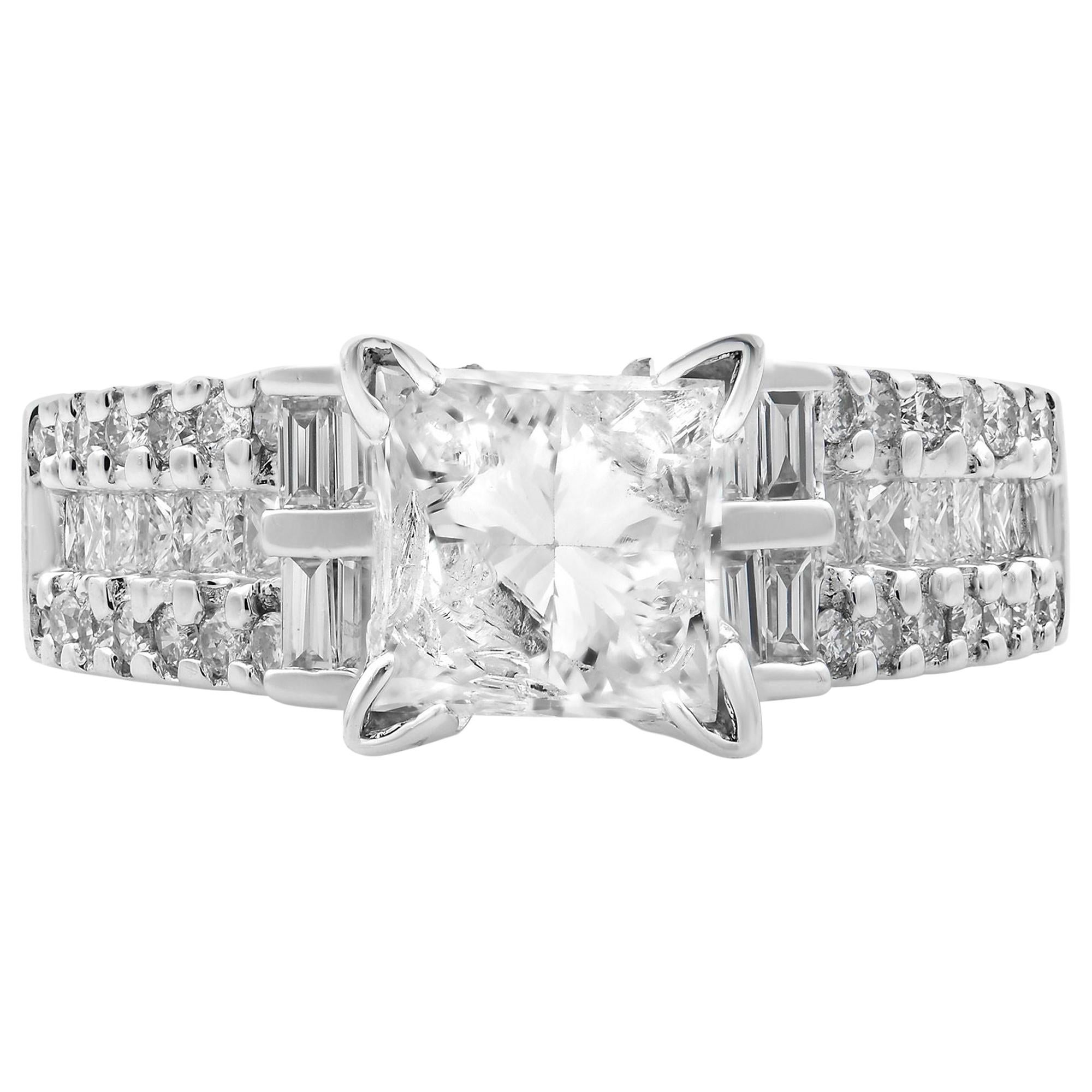 Rachel Koen White Gold Quad PrincessCut and Baguette Diamond Engagement Ring For Sale at