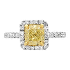 Rachel Koen 18 Karat White Gold Fancy Yellow Diamond Ring with Halo 1.36 Carat