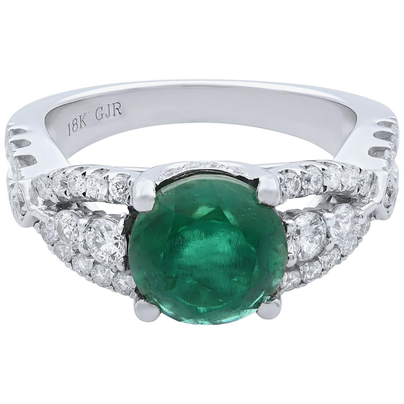 Rachel Koen 18 Karat White Gold Green Emerald Diamond Engagement Ring For Sale