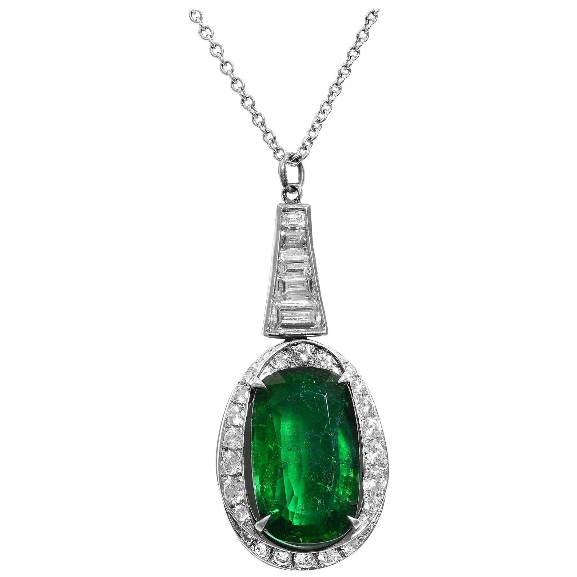 Rachel Koen 18 Karat White Gold Green Emerald Oval Diamond Pendant