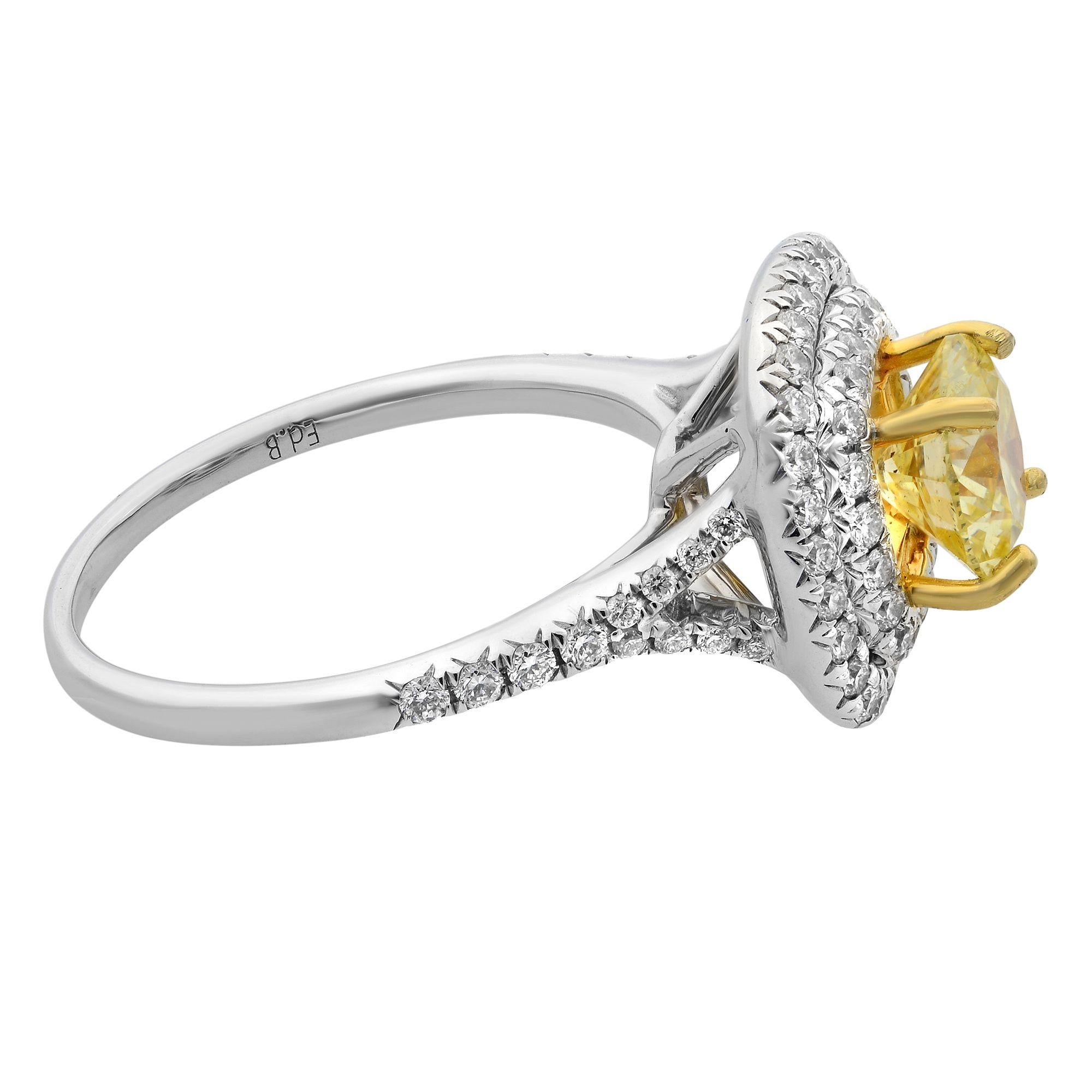 Modern Rachel Koen 18 Karat White Gold Round Cut Fancy Yellow Diamond Ring 1.13 Carat For Sale