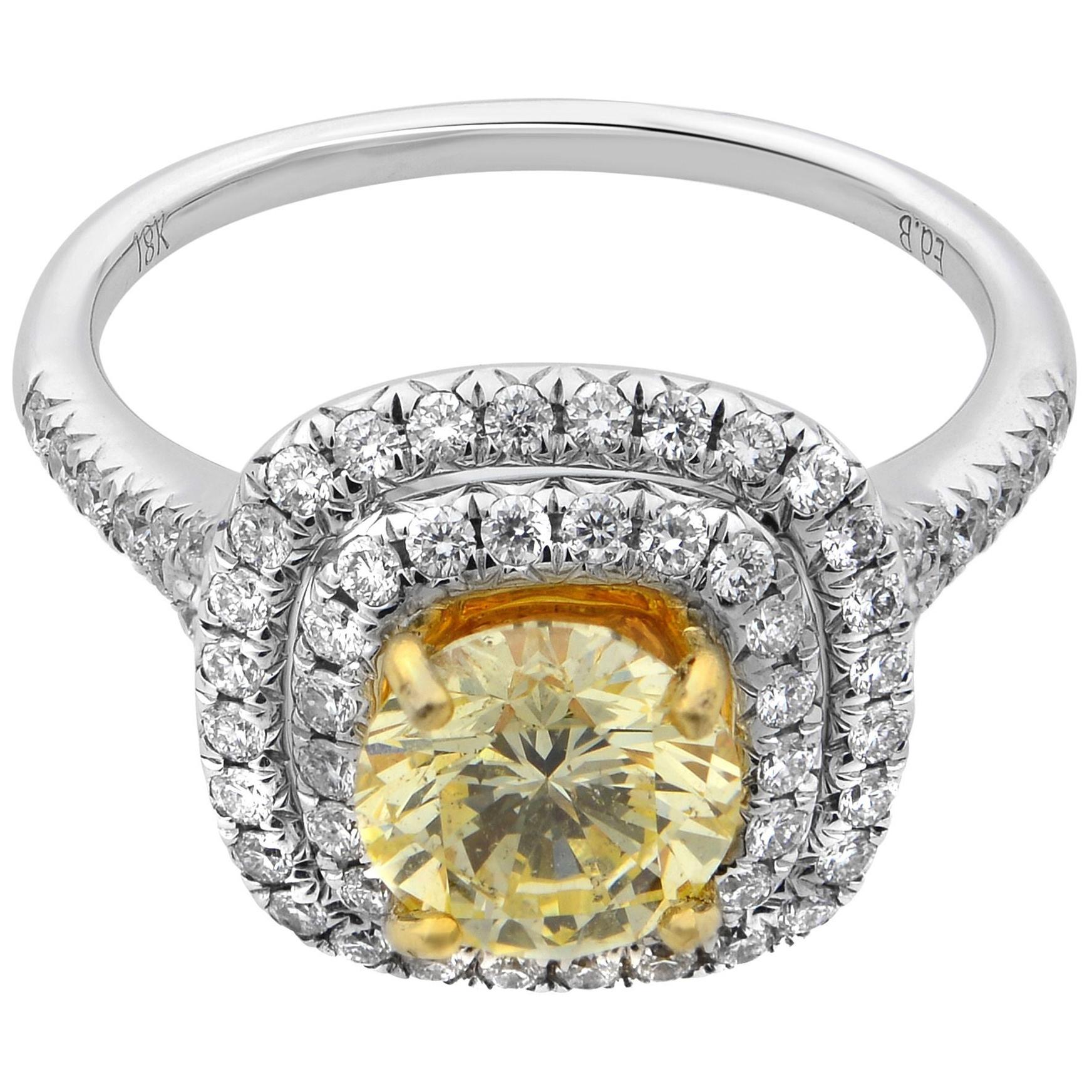 Rachel Koen 18 Karat White Gold Round Cut Fancy Yellow Diamond Ring 1.13 Carat For Sale