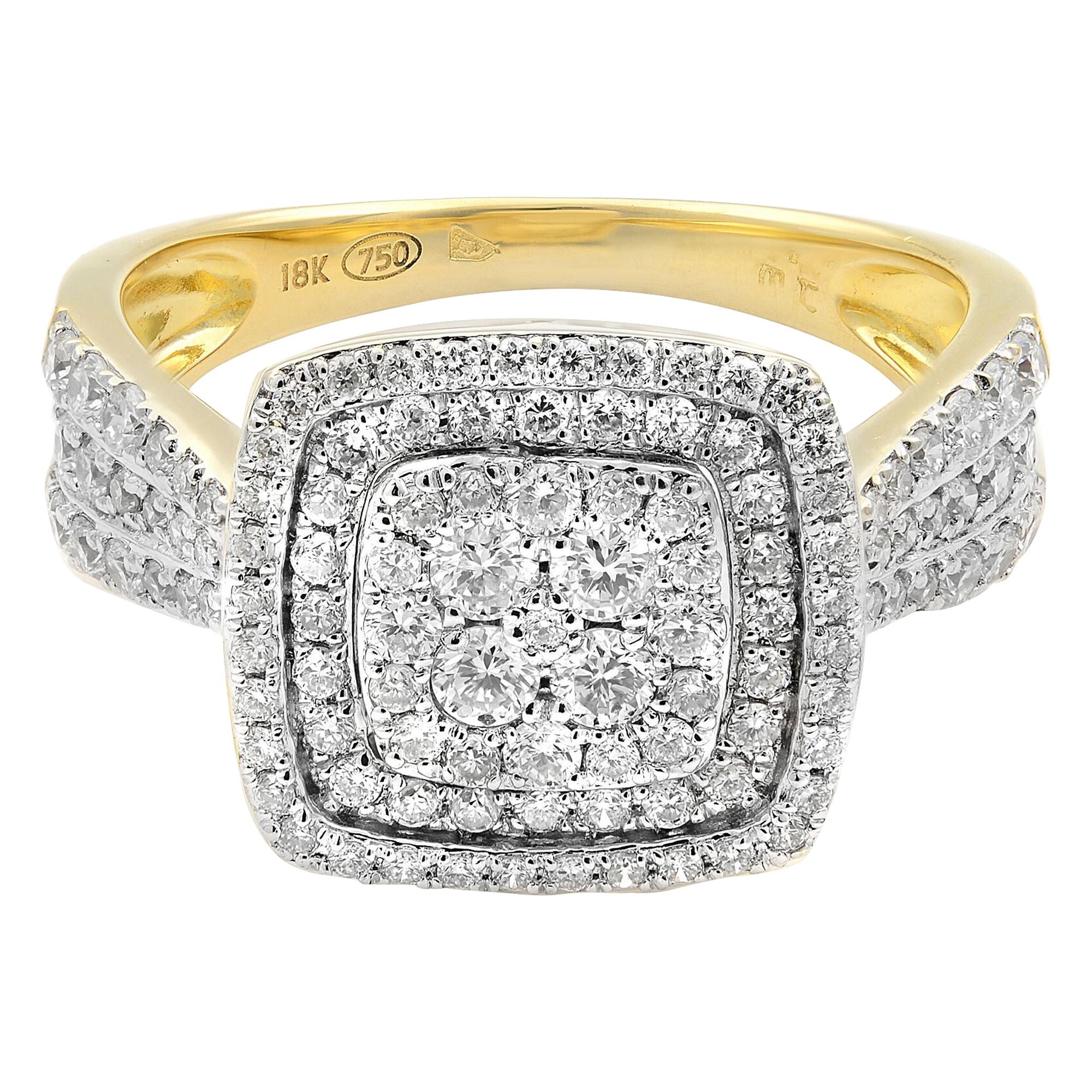 Rachel Koen Verlobungsring mit mehreren Diamanten und Halo aus 18 Karat Gelbgold 0,95 Gesamtkaratgewicht Größe 7 im Angebot