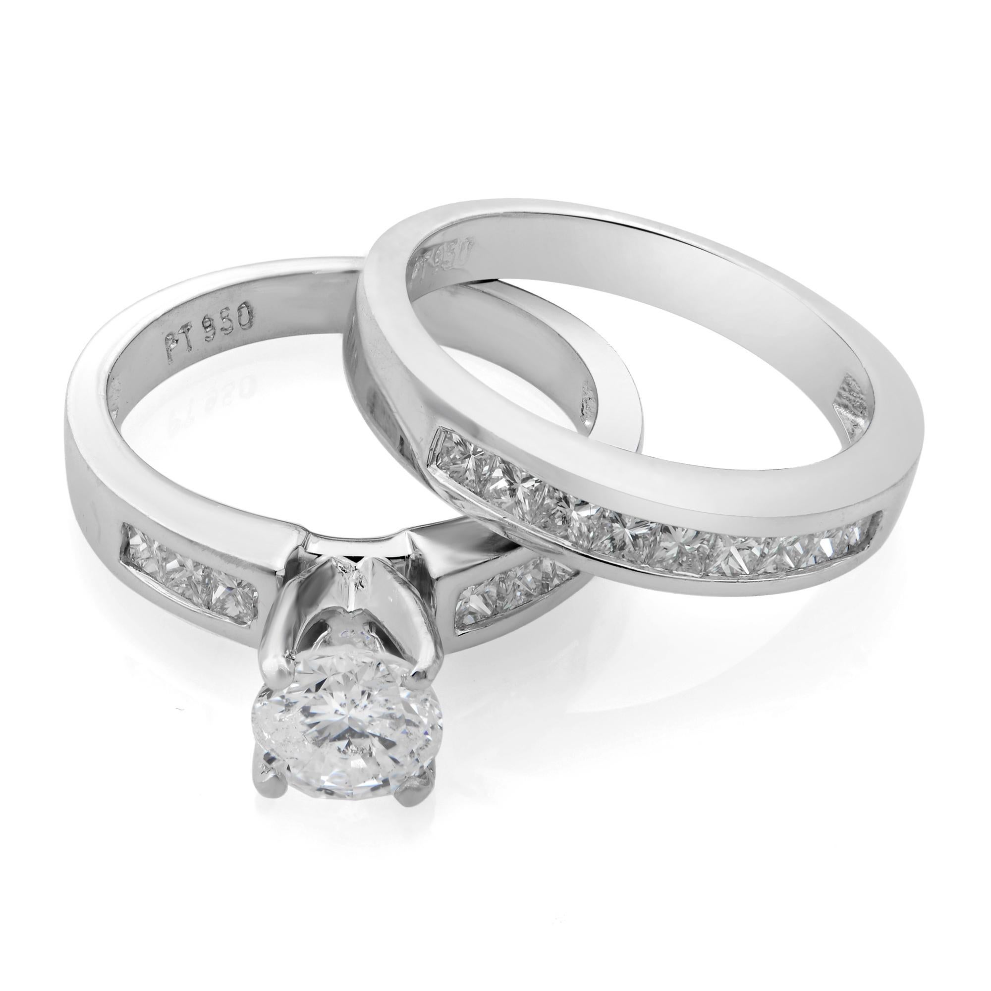 This beautiful bridal ring set is a combination of an engagement ring and a wedding band. Simple and chic, it is a beautiful reminder of your timeless love. Set in 14k white gold, the classic engagement ring is encrusted with a center round