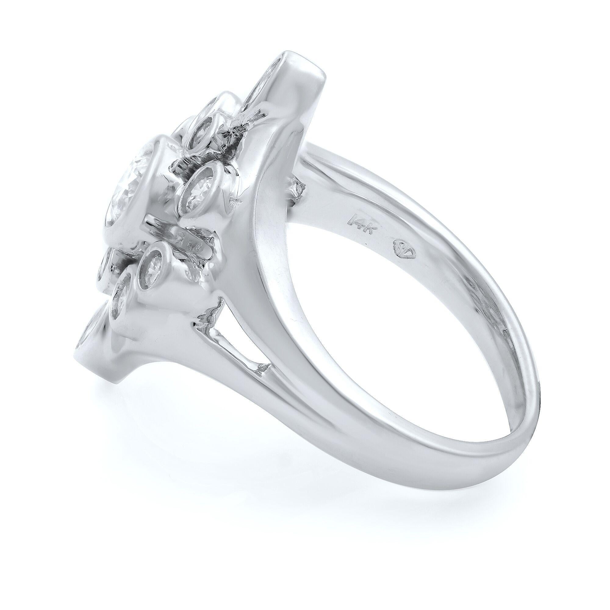 This stunning ladies diamond cocktail ring is bezel set with 11 diamonds. Beautifully round cut diamonds are placed all over the frame which gives it an outstanding look. Metal: 14K White Gold. Stones: Natural Diamonds. Total Carat Weight: 1.00.