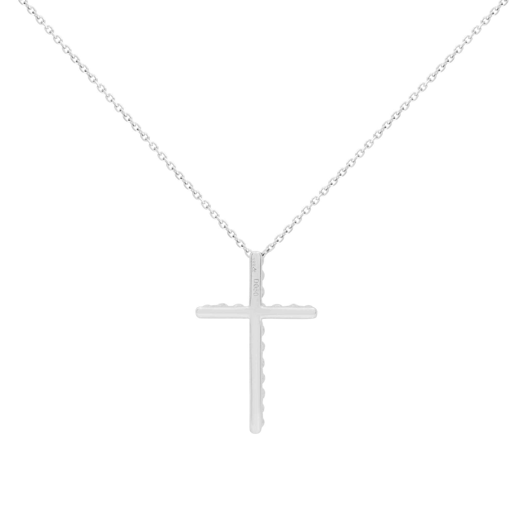 A gorgeous and modern diamond 0.50cttw cross pendant. Includes 17 brilliant round cut diamonds. The Diamonds are very sparkly and of high quality. Diamond color G-H Color and VS-SI Clarity. The diamonds are beautifully set in a unique single prong