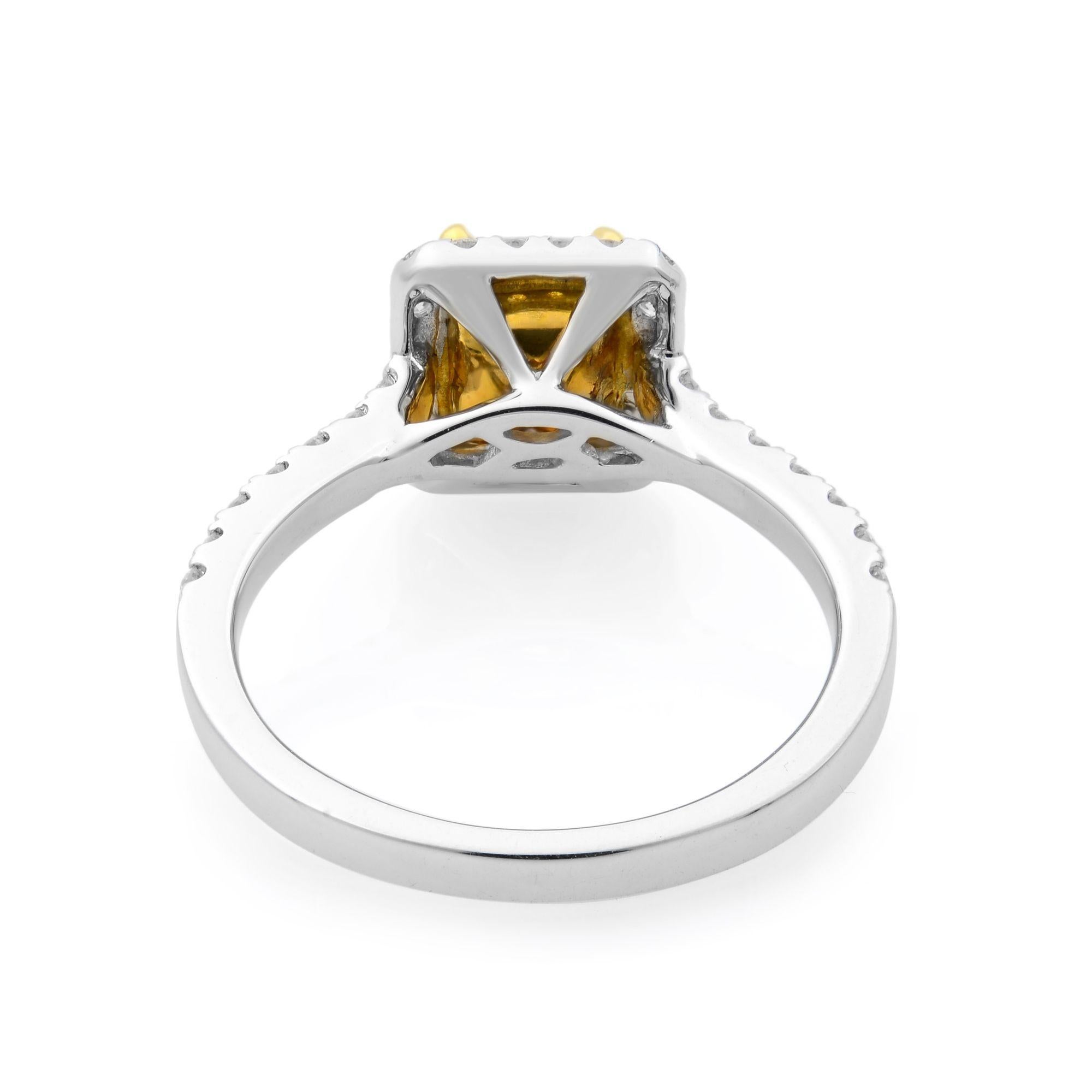 Cushion Cut Rachel Koen 18 Karat White Gold Fancy Yellow Diamond Ring with Halo 1.36 Carat