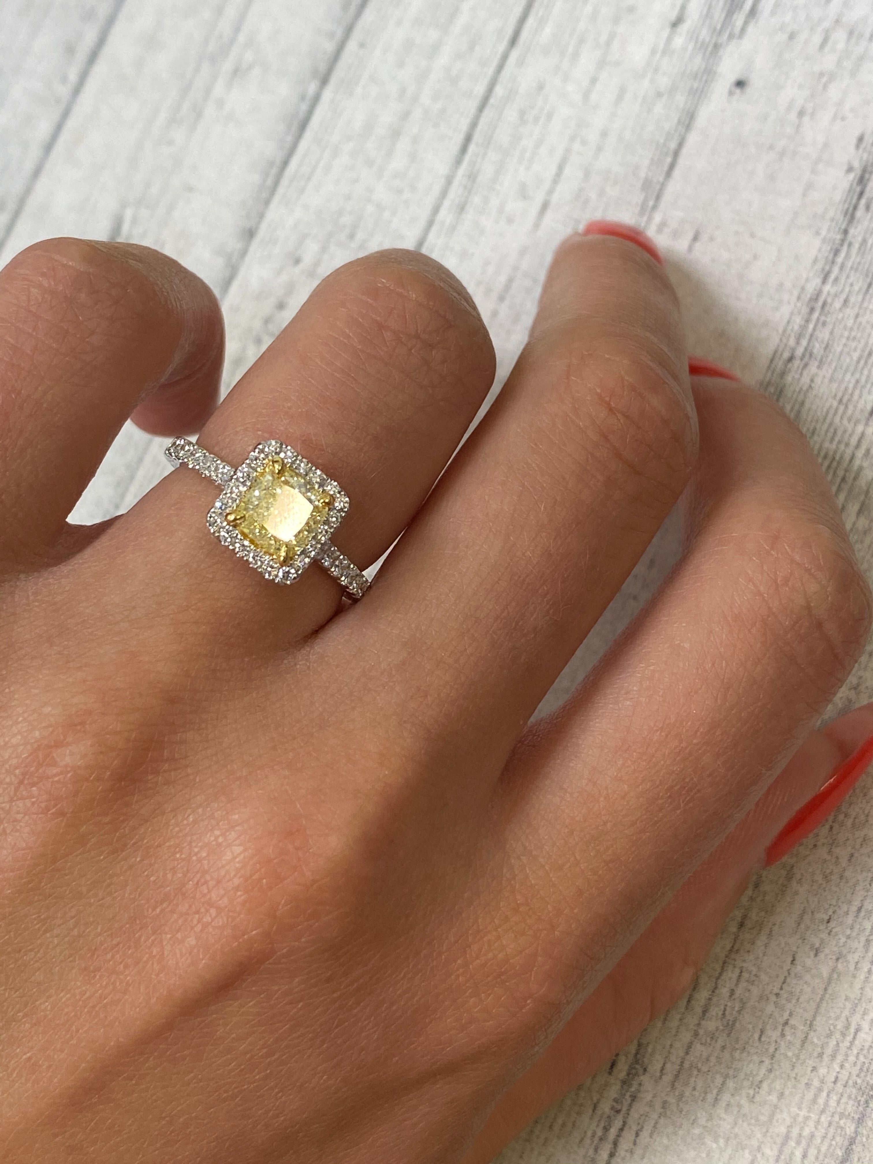 Rachel Koen 18 Karat White Gold Fancy Yellow Diamond Ring with Halo 1.36 Carat 1
