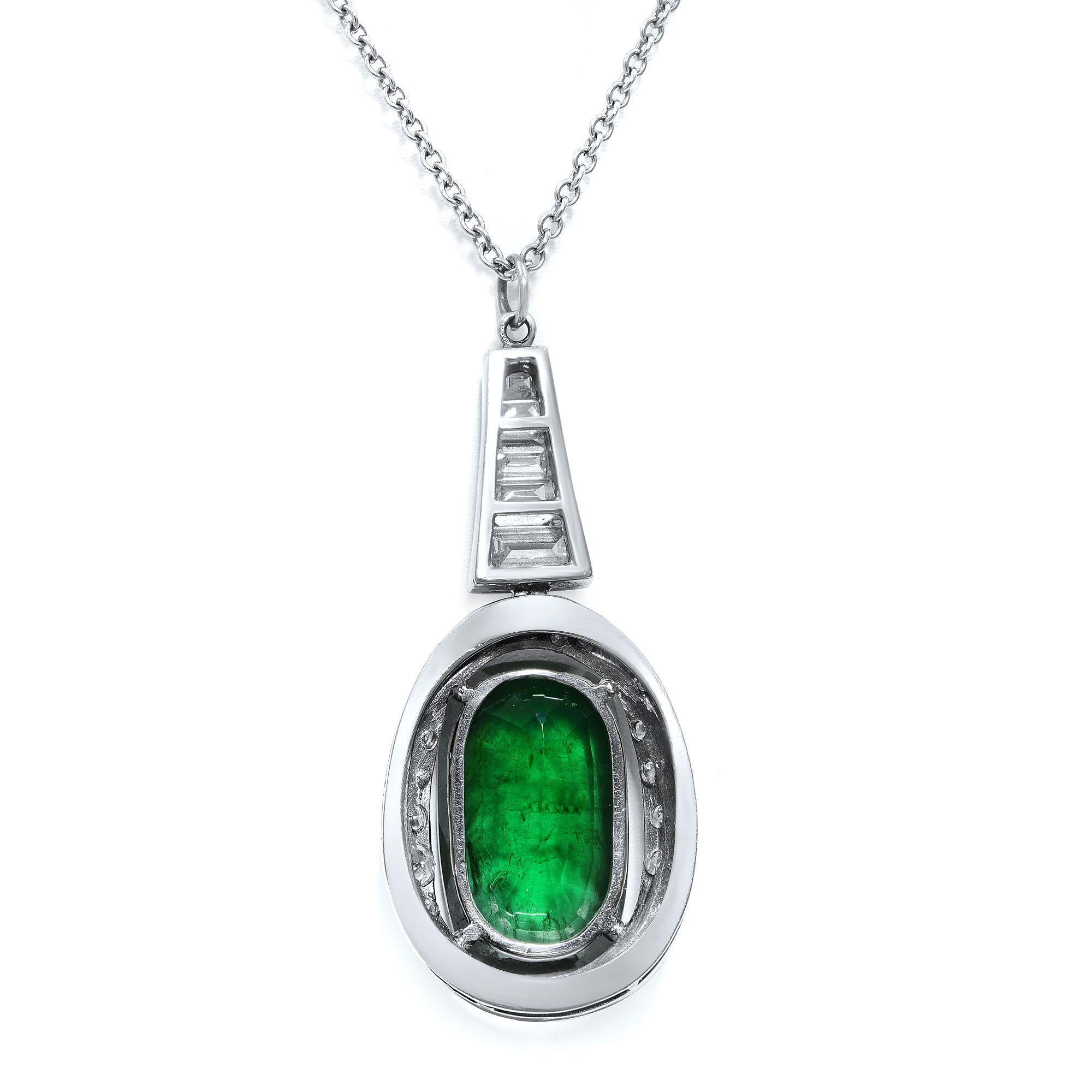 This is a beautiful 18K White Gold Green Emerald Oval Diamond Pendant. Emerald weights, 8.09cts and diamonds are totaling in 1.60cts. Length: 18 inch. Great piece, very elegant and luxurious. 