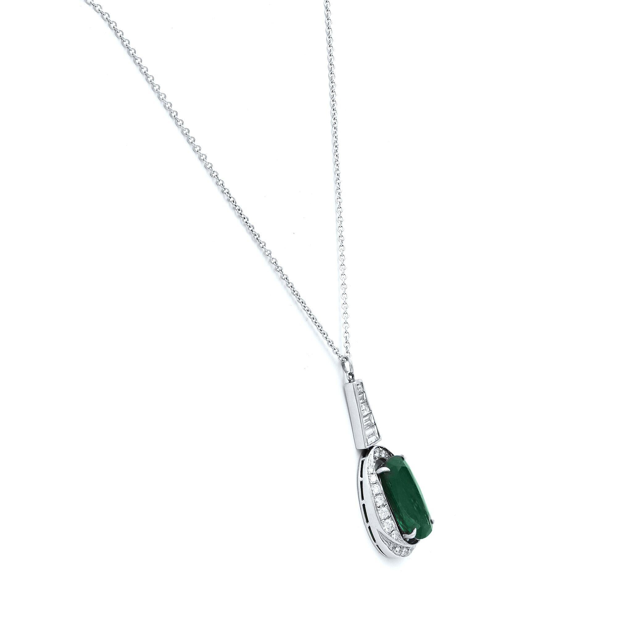 Emerald Cut Rachel Koen 18 Karat White Gold Green Emerald Oval Diamond Pendant