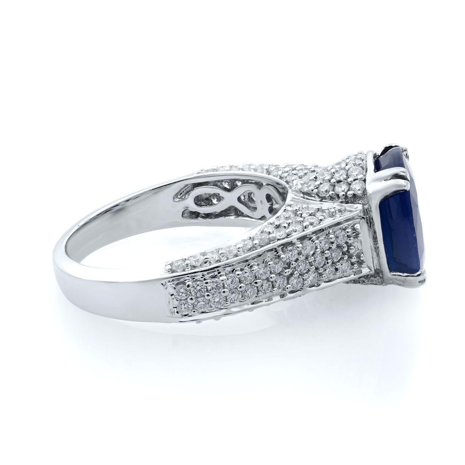 Modern Rachel Koen 18K White Gold Oval Blue Sapphire & Diamonds Engagement Ring For Sale