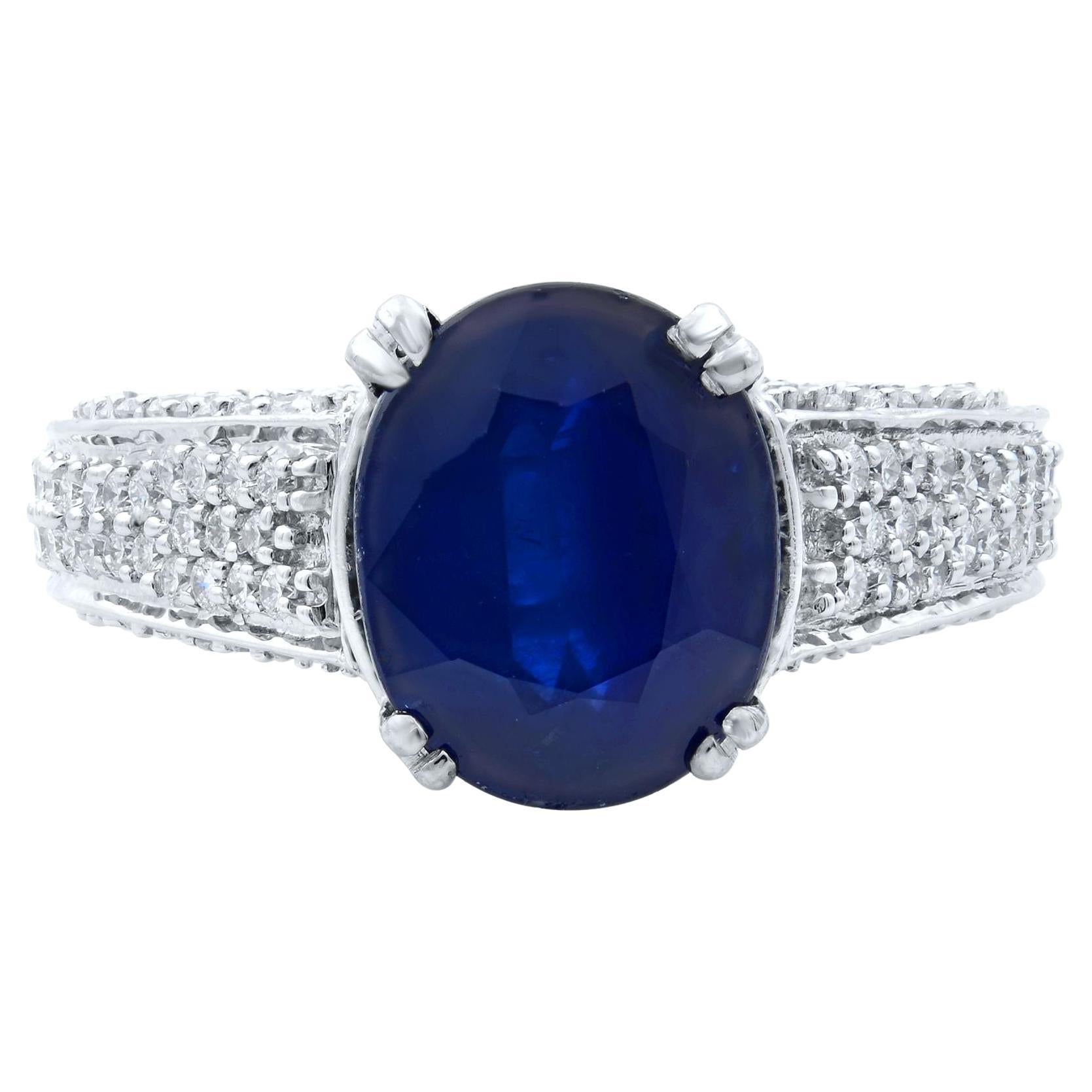 Rachel Koen 18K White Gold Oval Blue Sapphire & Diamonds Engagement Ring For Sale