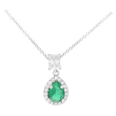 Rachel Koen 18k White Gold Pear Shape Green Emerald & Diamond Pendant Necklace