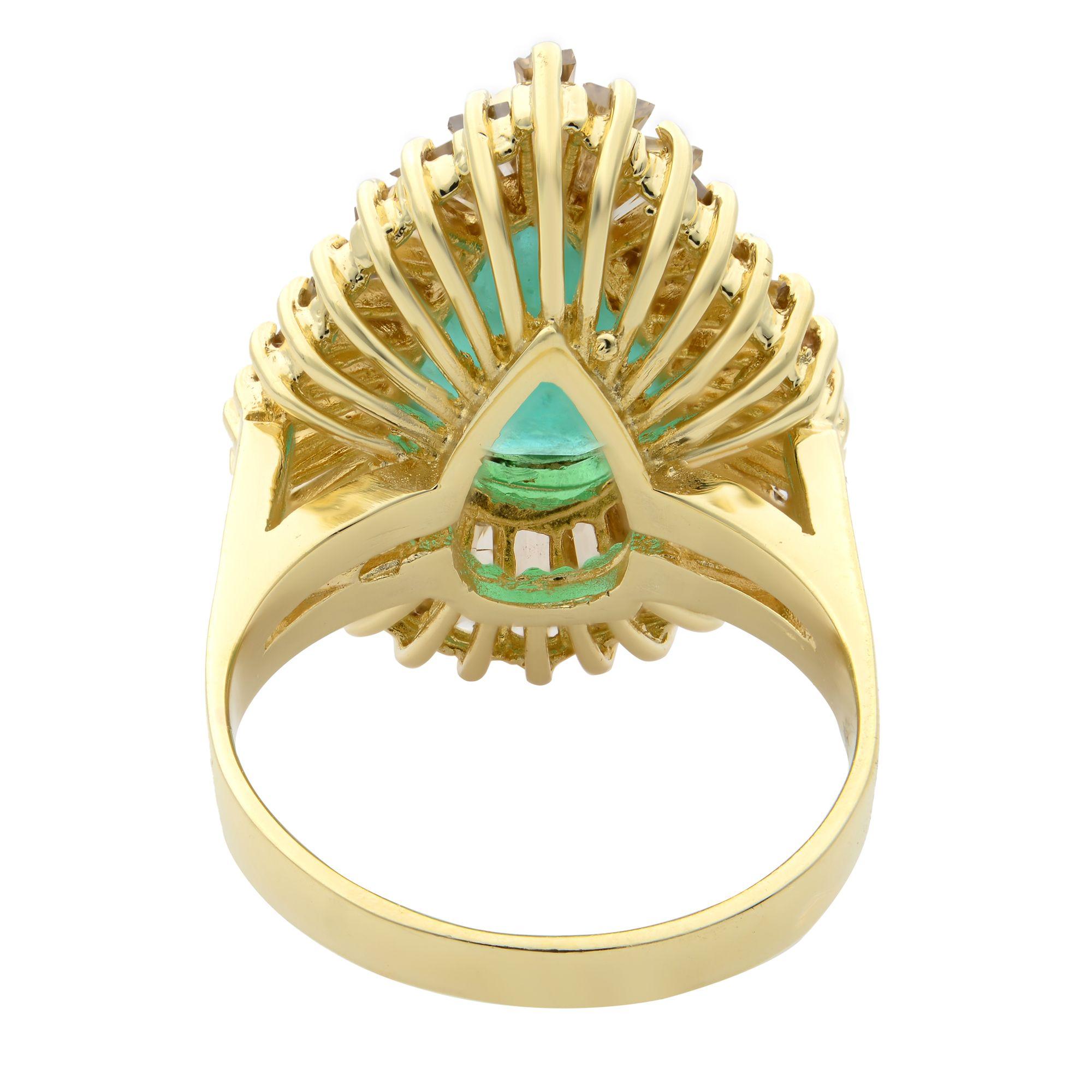 Pear Cut Rachel Koen 18K Yellow Gold Pear Shape Green Emerald Diamond Ring For Sale