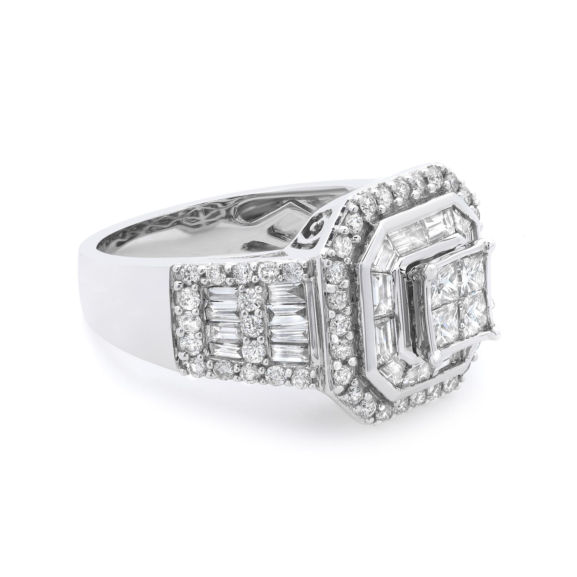 This beautiful diamond engagement ring exceptionally holds four princess cut center diamonds. Adding grace to the ring, the shank is encrusted with channel set baguette cut and pave set round brilliant cut diamonds in halo setting. The total diamond