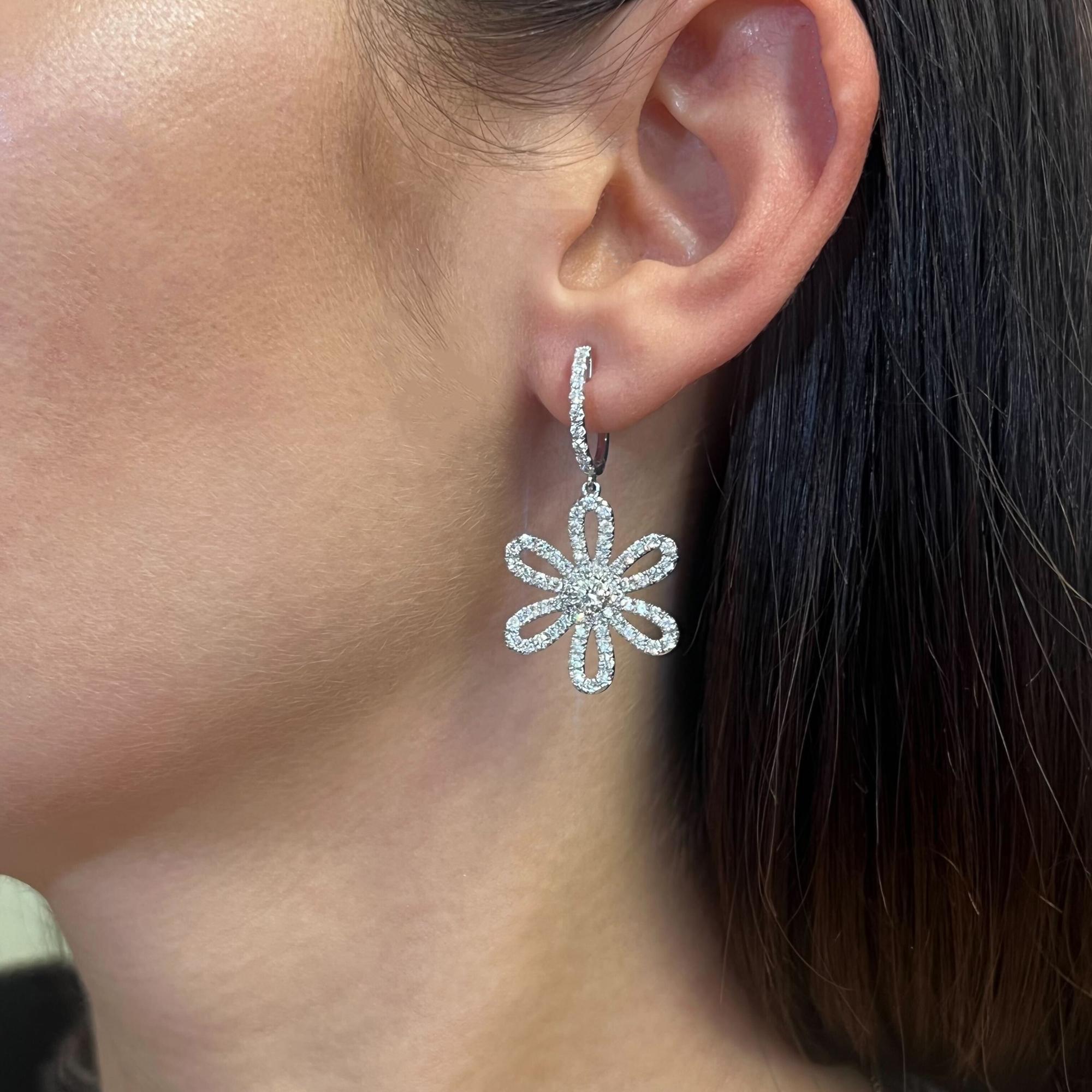 Women's Rachel Koen 2.50cttw Round Cut Diamond Flower Drop Earrings 18K White Gold For Sale