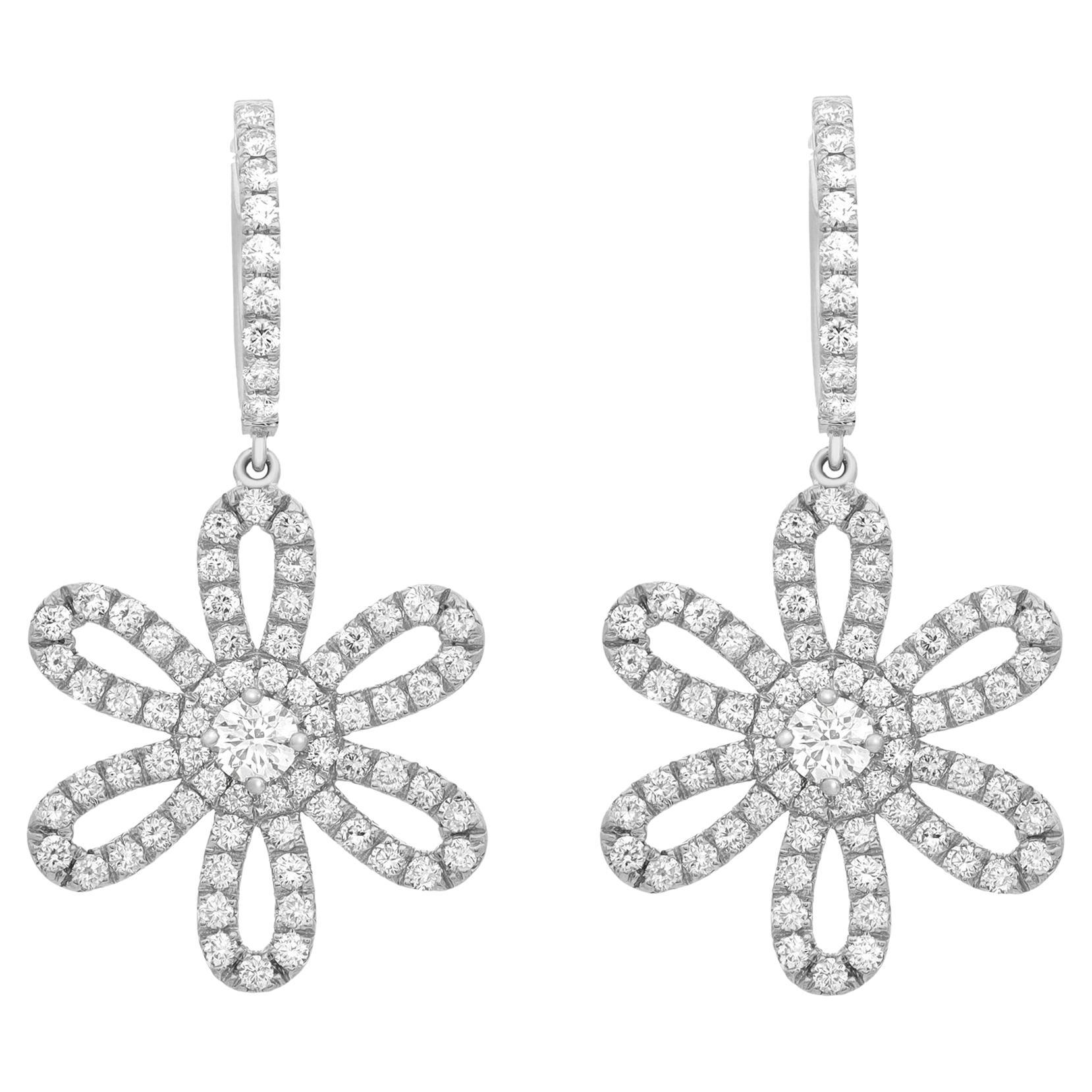 Rachel Koen - Boucles d'oreilles pendantes en or blanc 18 carats avec un diamant rond de 2,50cttw et une fleur.