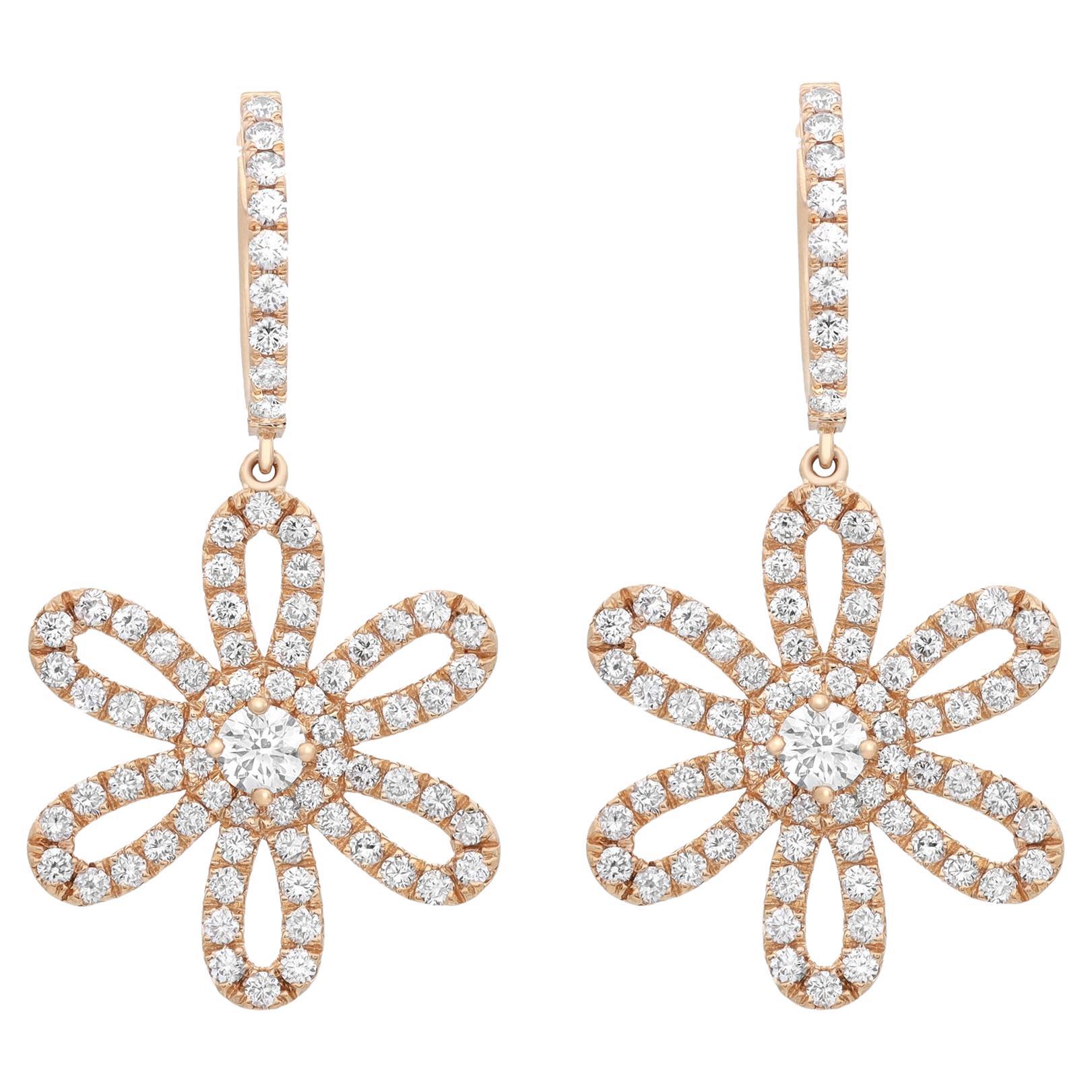 Rachel Koen 2.57Cttw Round Cut Diamond Flower Drop Earrings 18K Yellow Gold For Sale