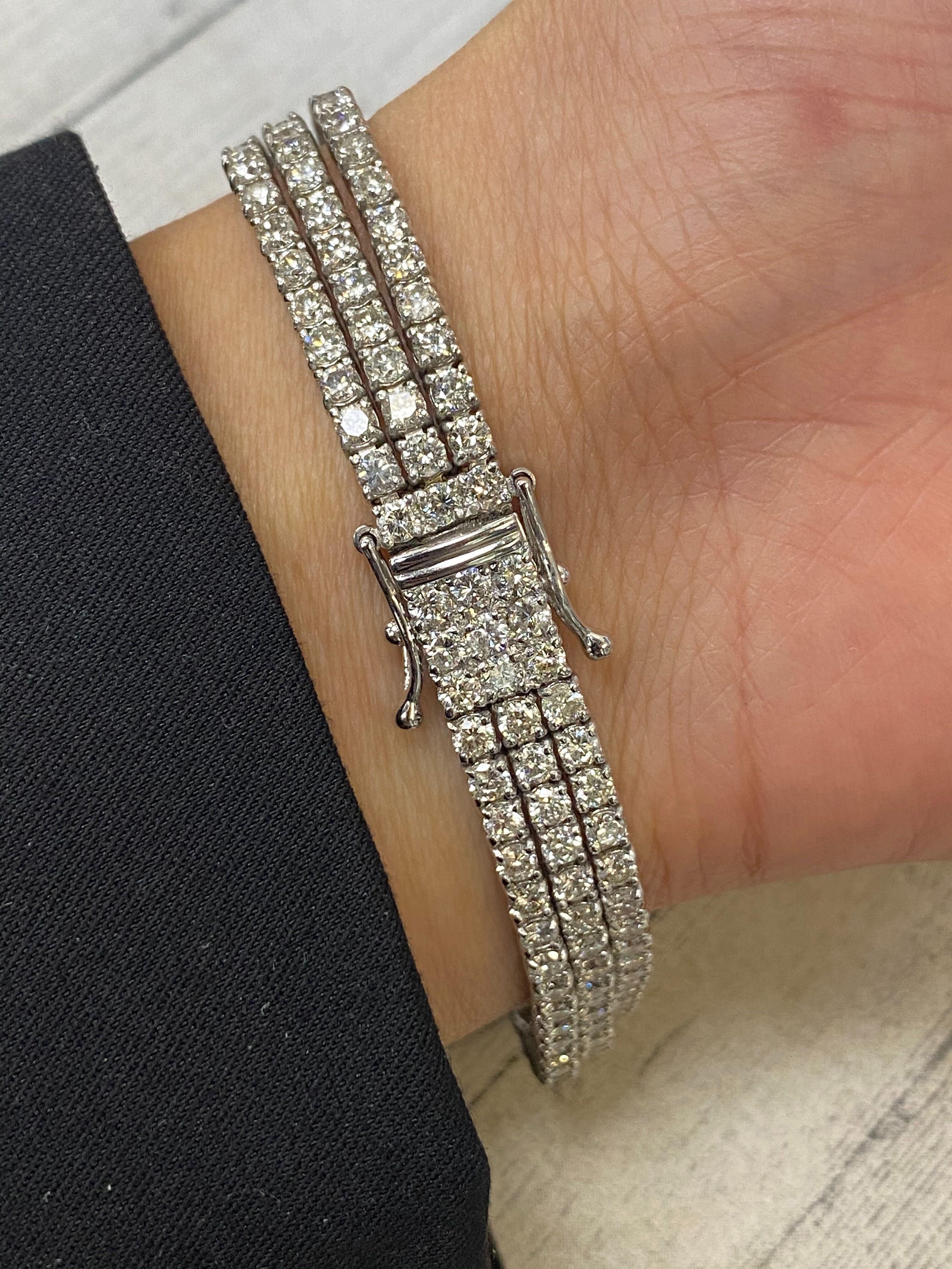 Rachel Koen 3 Row Prong Set Diamond Tennis Bracelet 14K White Gold 14.20Cttw In New Condition For Sale In New York, NY