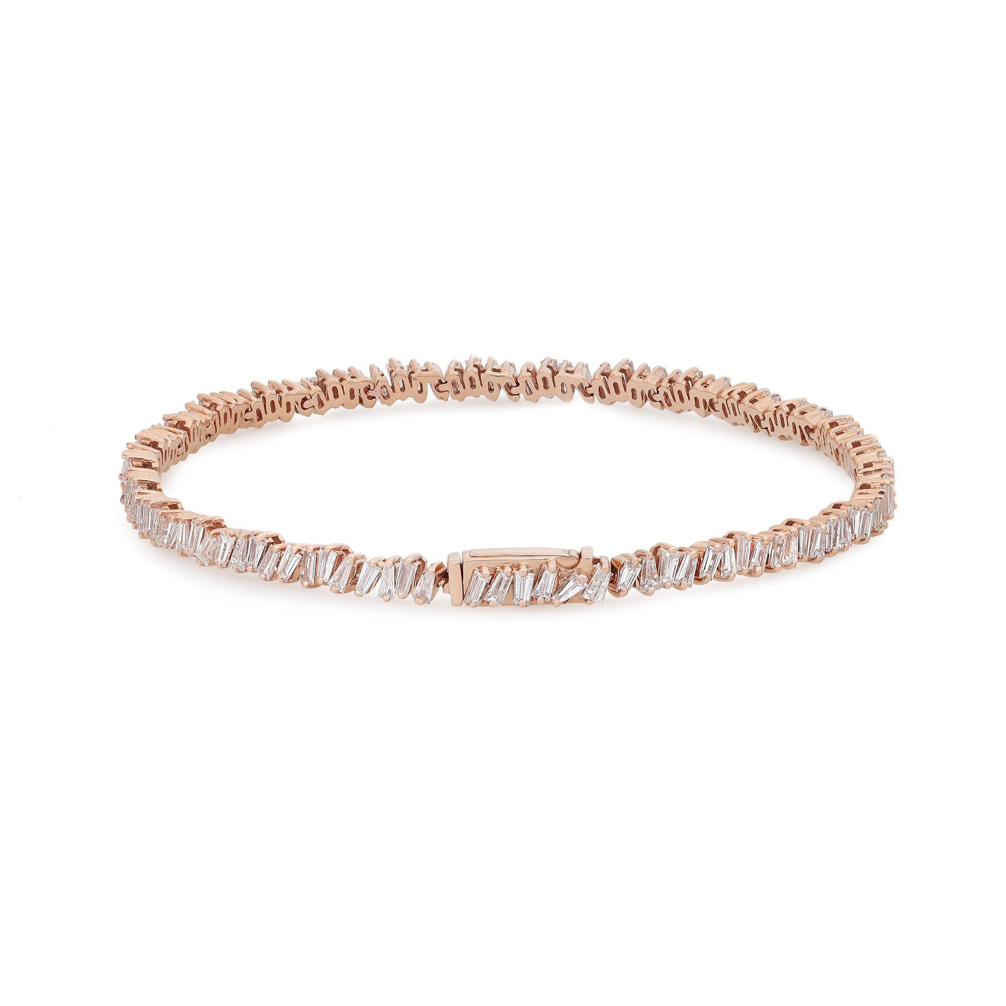 This beautifully crafted Rachael Koen timeless beauty tennis bracelet features Baguettes cut natural diamonds set in prong setting. Crafted in 18k rose gold. This truly gorgeous handmade modern creation is a great addition to your jewelry
