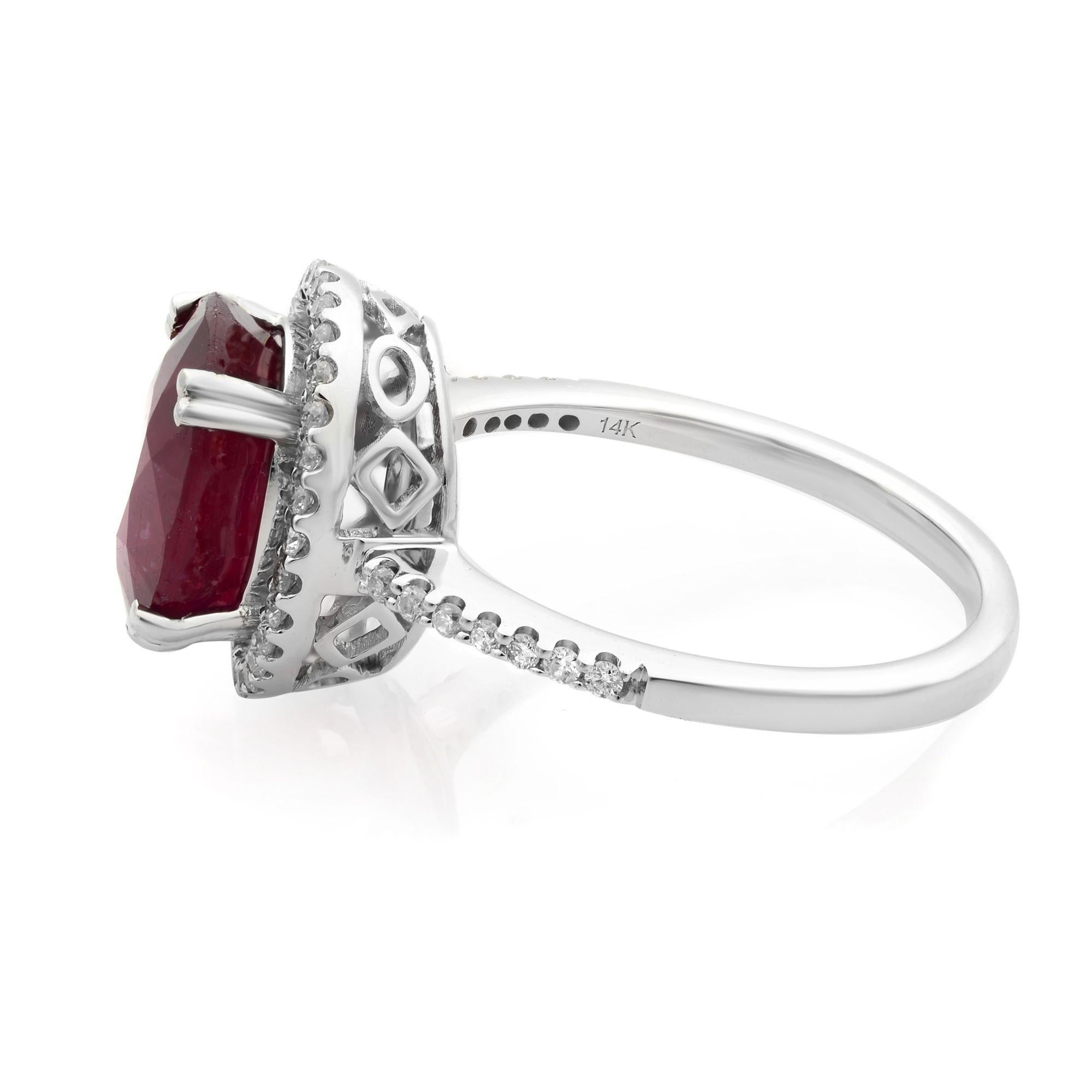 Modern Rachel Koen 3.60cttw Ruby 0.22cttw Diamond Halo Engagement Ring 14K White Gold For Sale