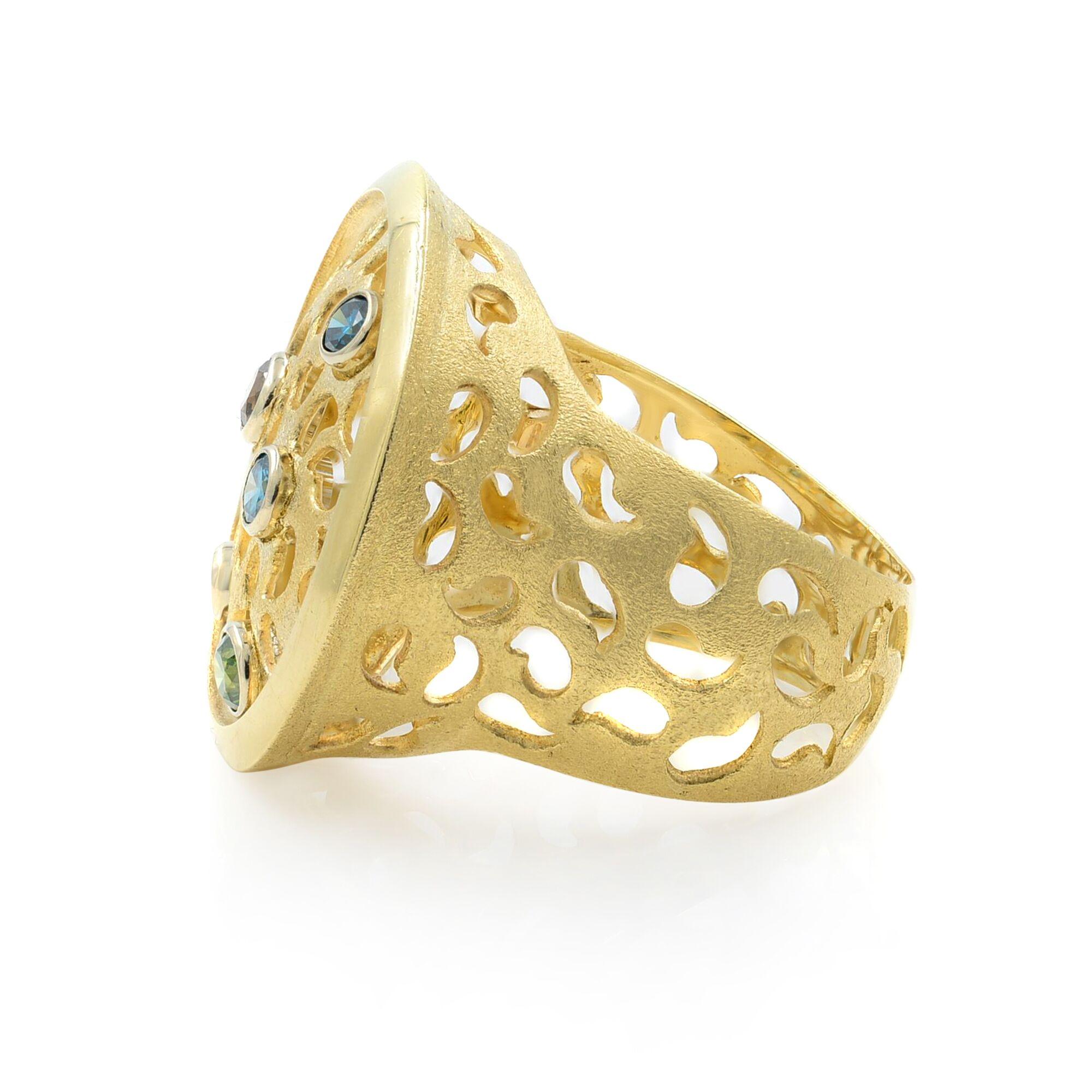 Round Cut Rachel Koen 5 Colored Diamond Cocktail Ring 14K Yellow Gold 0.50Cttw For Sale