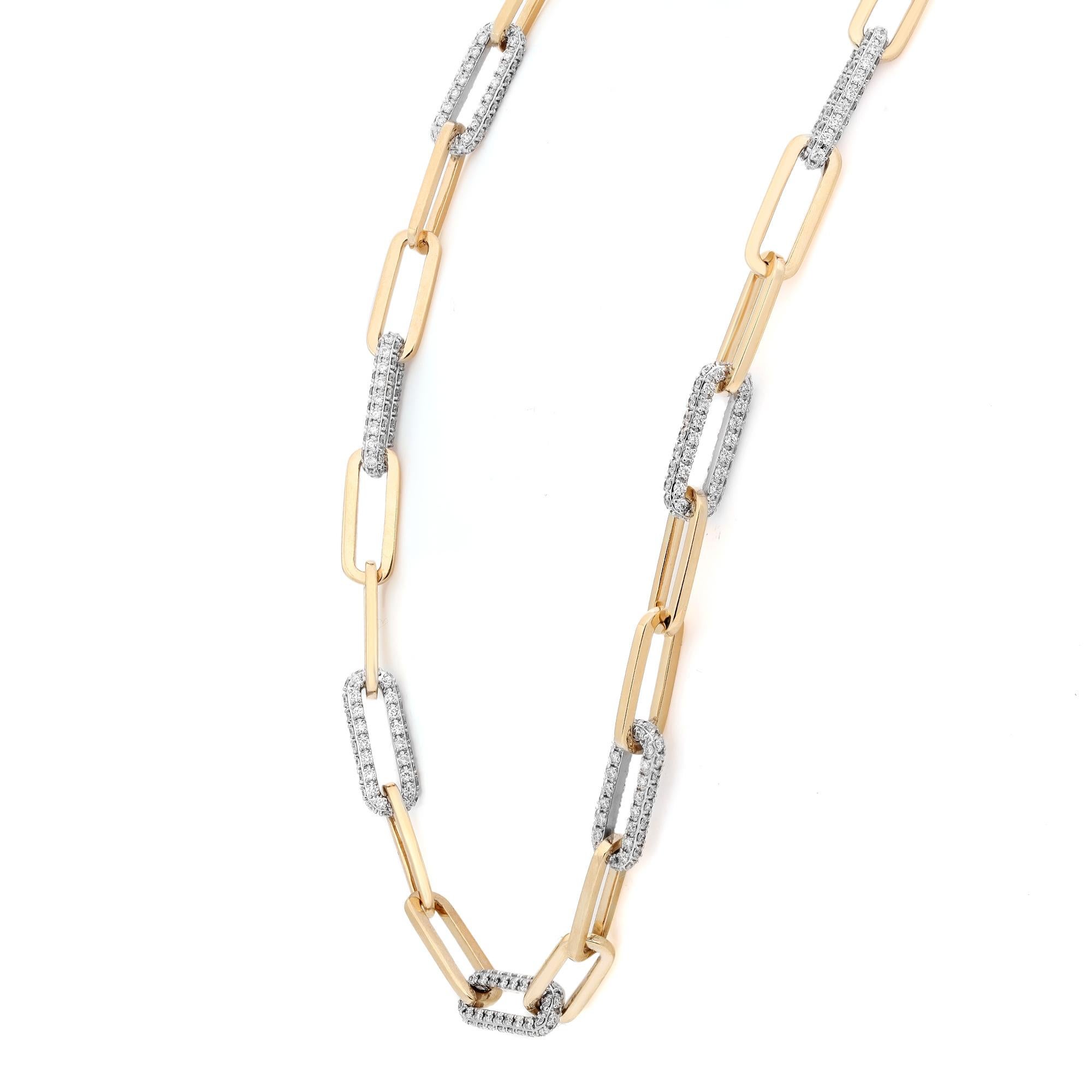 This trendy and chic necklace features paper clip links crafted in 14k yellow gold with alternate diamond studded paper clip links crafted in 14k white gold. Total diamond weight: 7.43 carats. Diamond quality: color G-H and clarity VS-SI. Length: 17