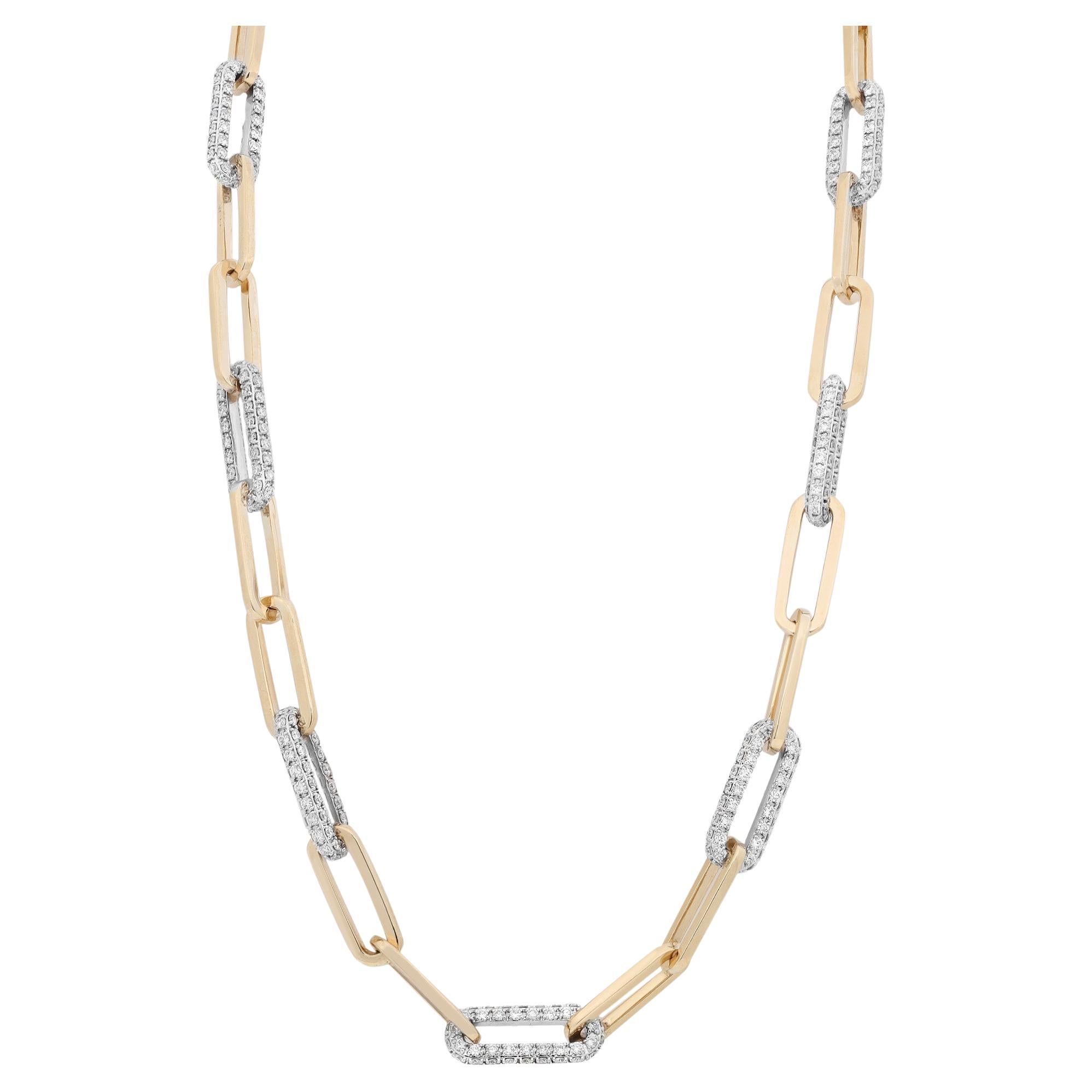 Rachel Koen 7.43Cttw Diamond Paper Clip Link Chain Necklace 14K Yellow Gold For Sale