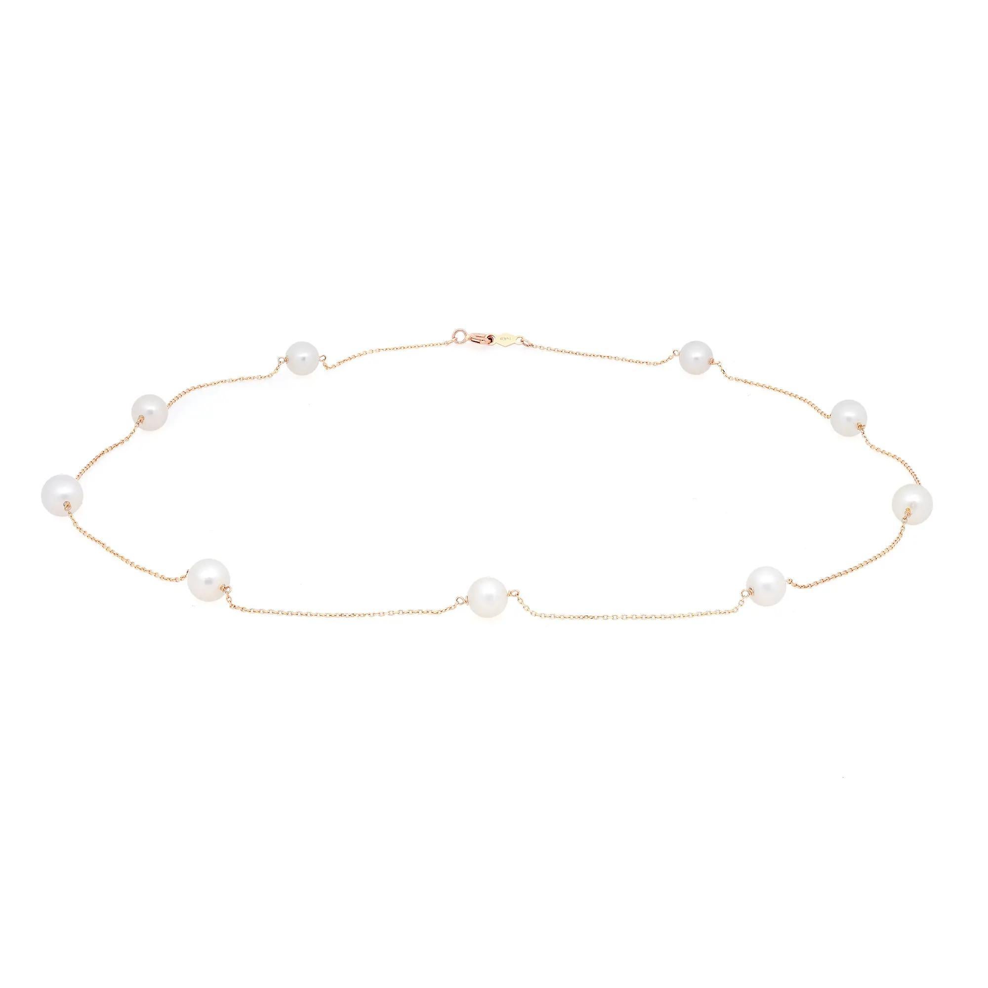 Beautiful and delicate this pearl chain necklace will leave everyone speechless the moment they see it. Crafted in high polished solid 14K yellow gold this necklace is set with 9 round shaped white fresh water pearls. Be the first one to get it or