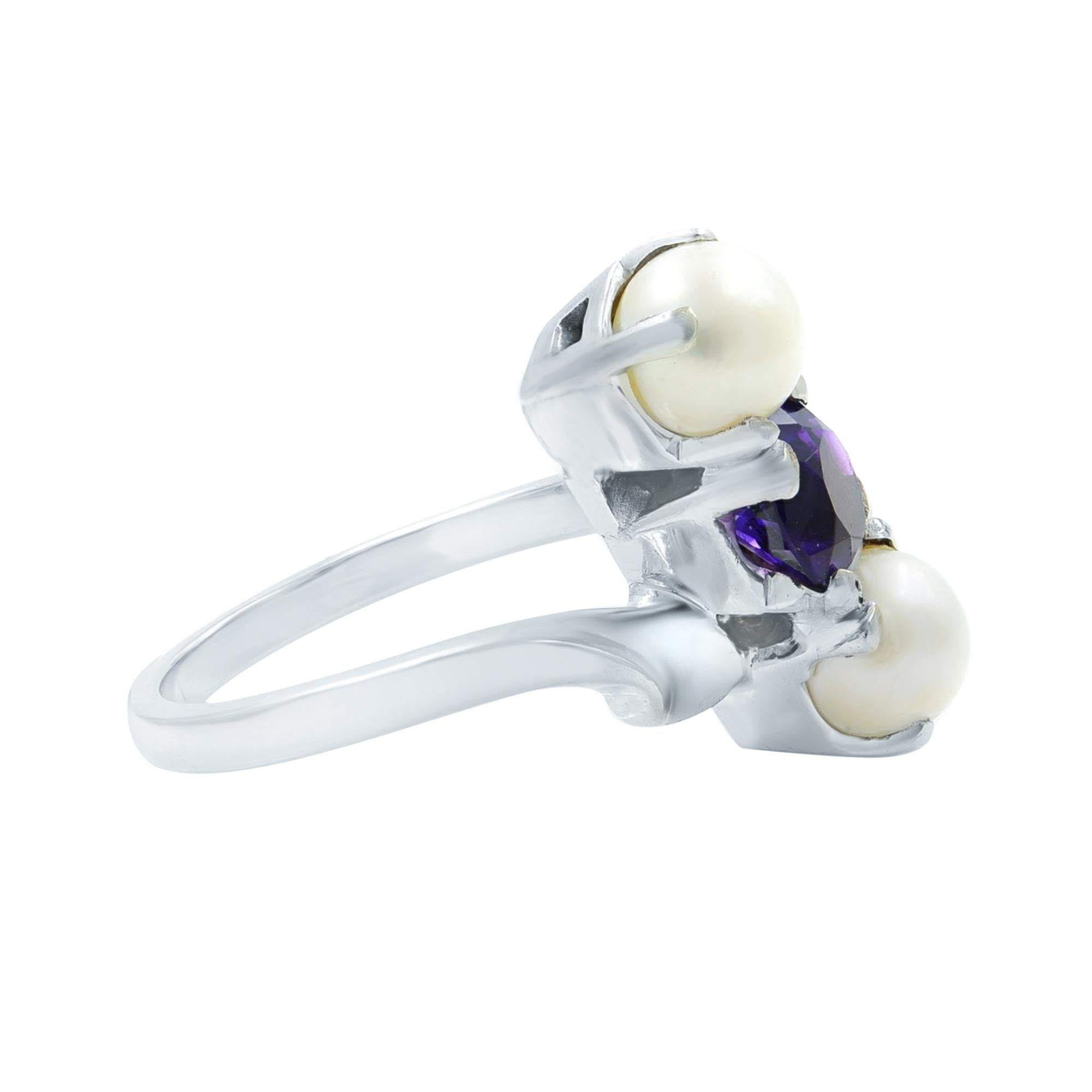 Round Cut Rachel Koen Amethyst and Pearl Cocktail Ring 14K White Gold For Sale
