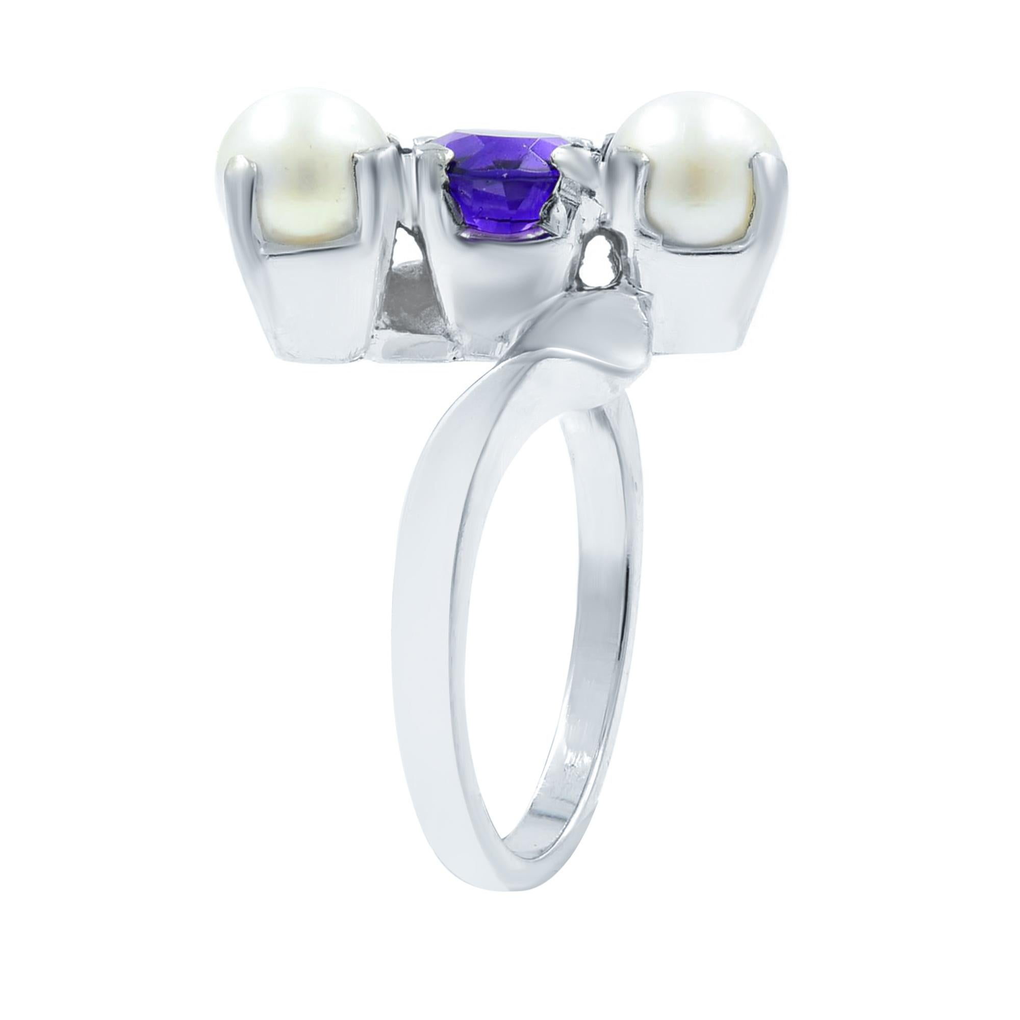 Rachel Koen Amethyst and Pearl Cocktail Ring 14K White Gold In New Condition For Sale In New York, NY